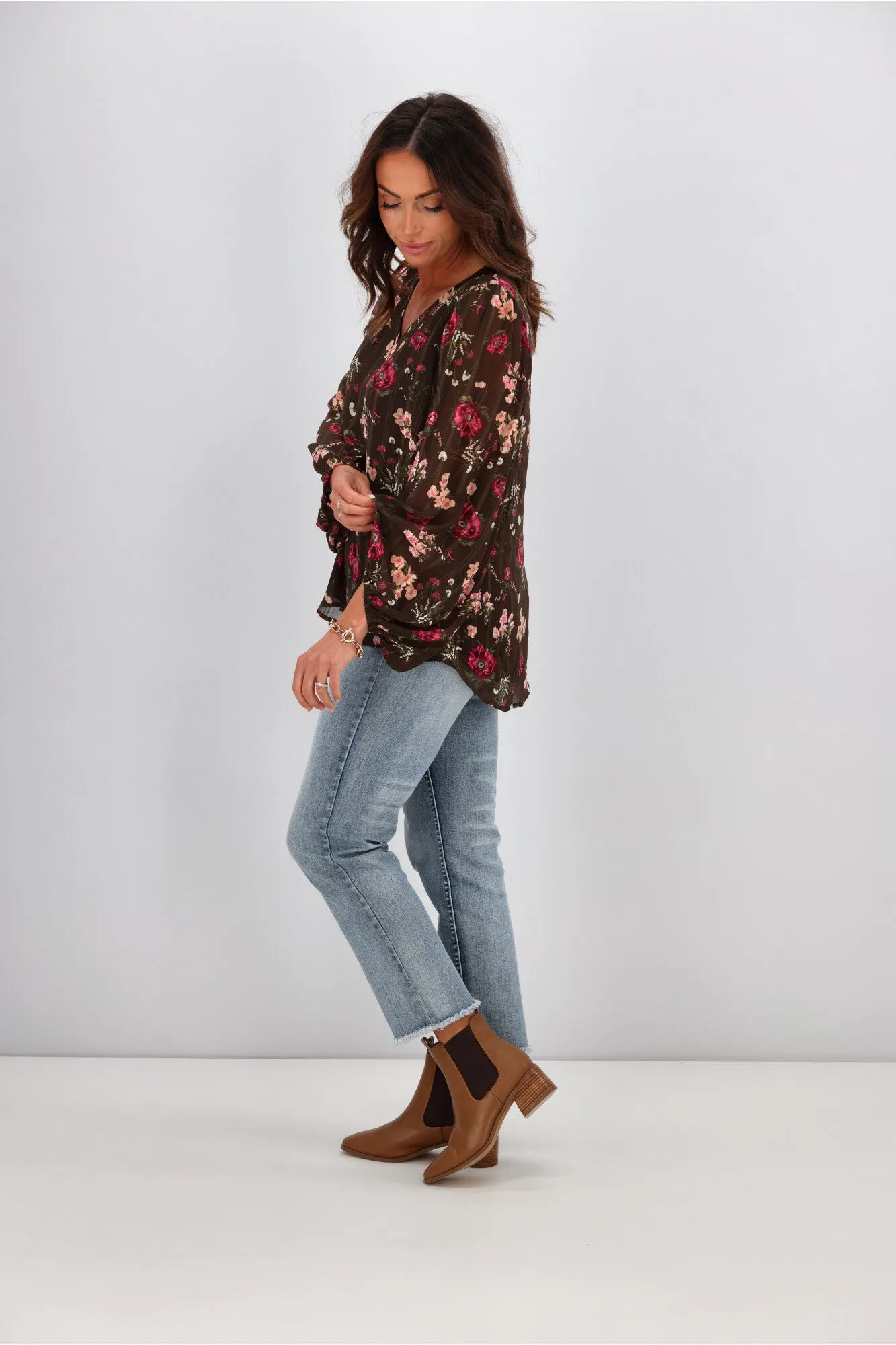 Gloss by Shine On Kinsella Blouson Sleeve Blouse Brown Stripe Floral