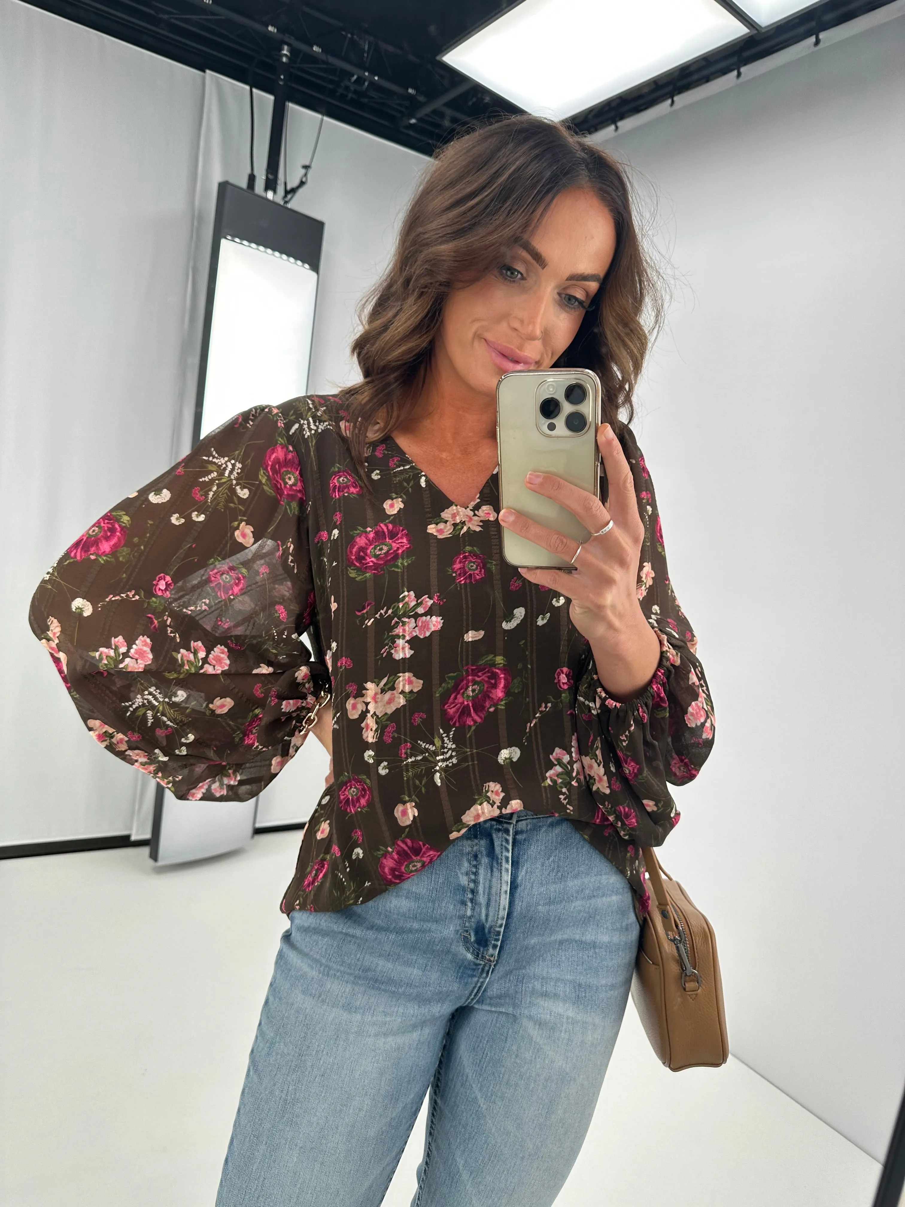 Gloss by Shine On Kinsella Blouson Sleeve Blouse Brown Stripe Floral
