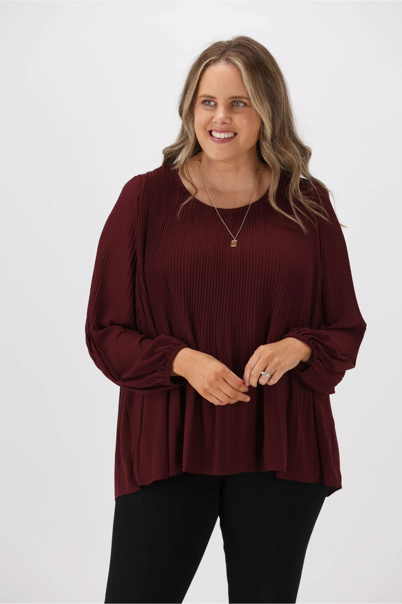 Gloss by Shine On Nigella Long Sleeve Micro Pleat Top Raisin