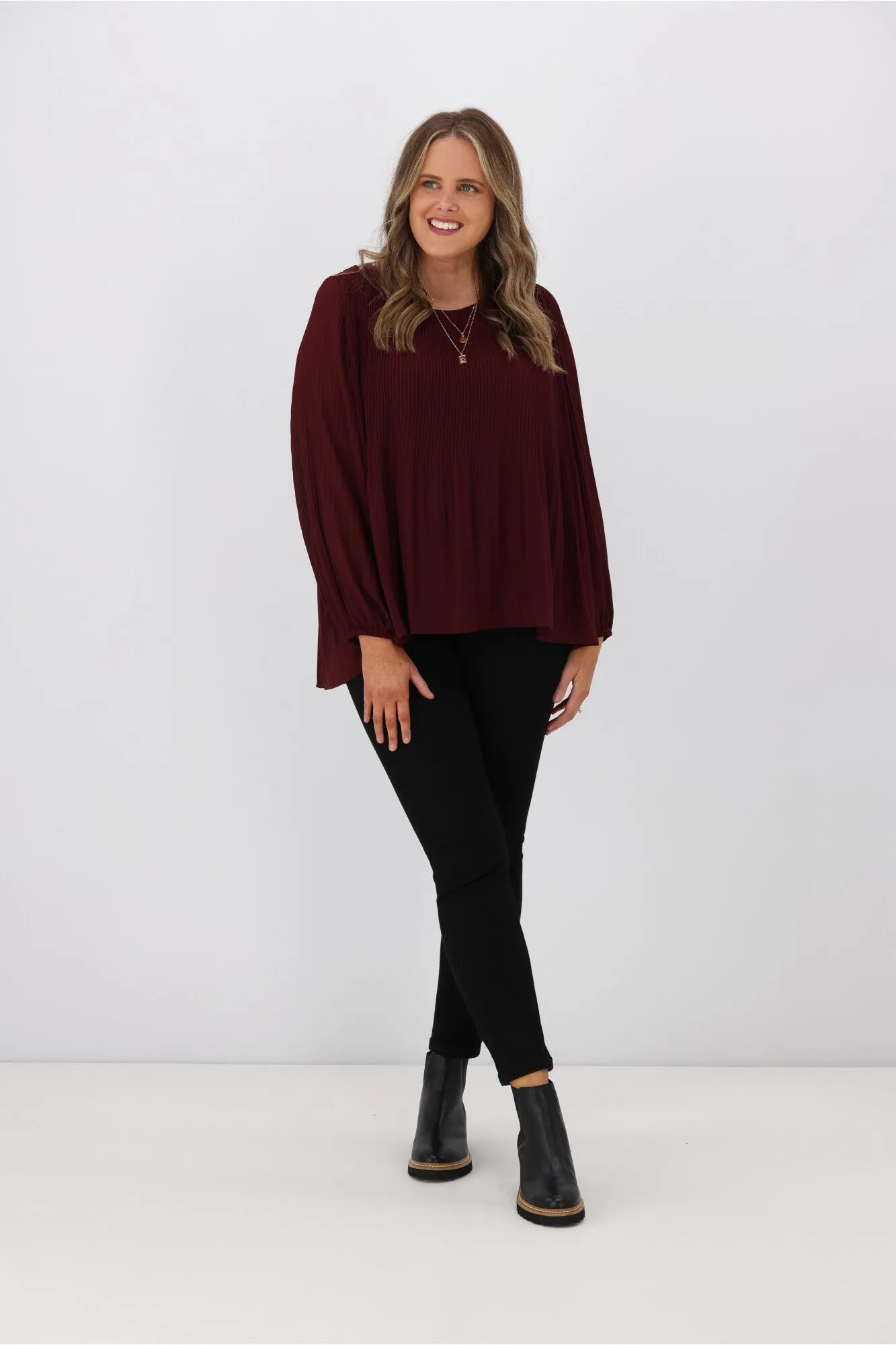 Gloss by Shine On Nigella Long Sleeve Micro Pleat Top Raisin