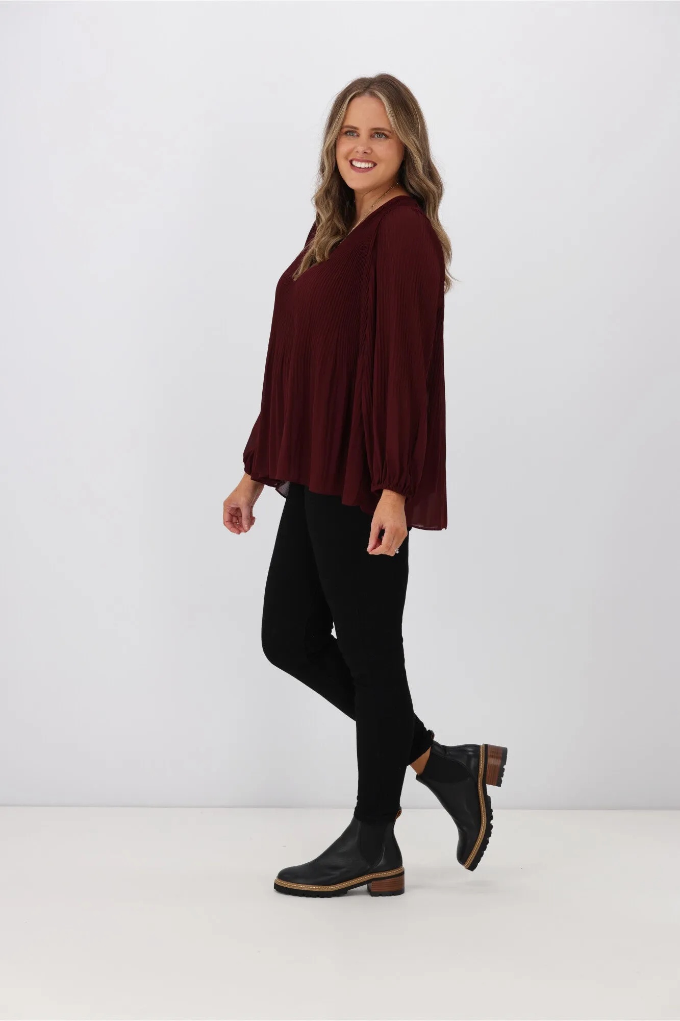 Gloss by Shine On Nigella Long Sleeve Micro Pleat Top Raisin