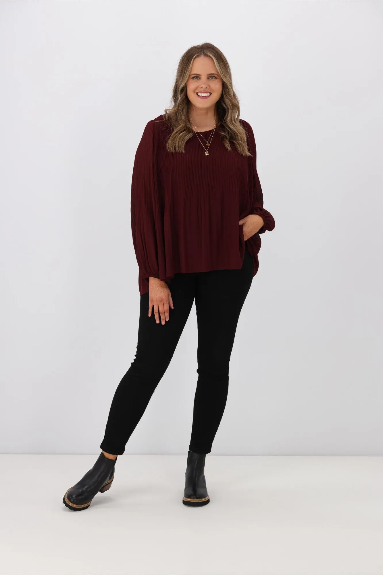Gloss by Shine On Nigella Long Sleeve Micro Pleat Top Raisin