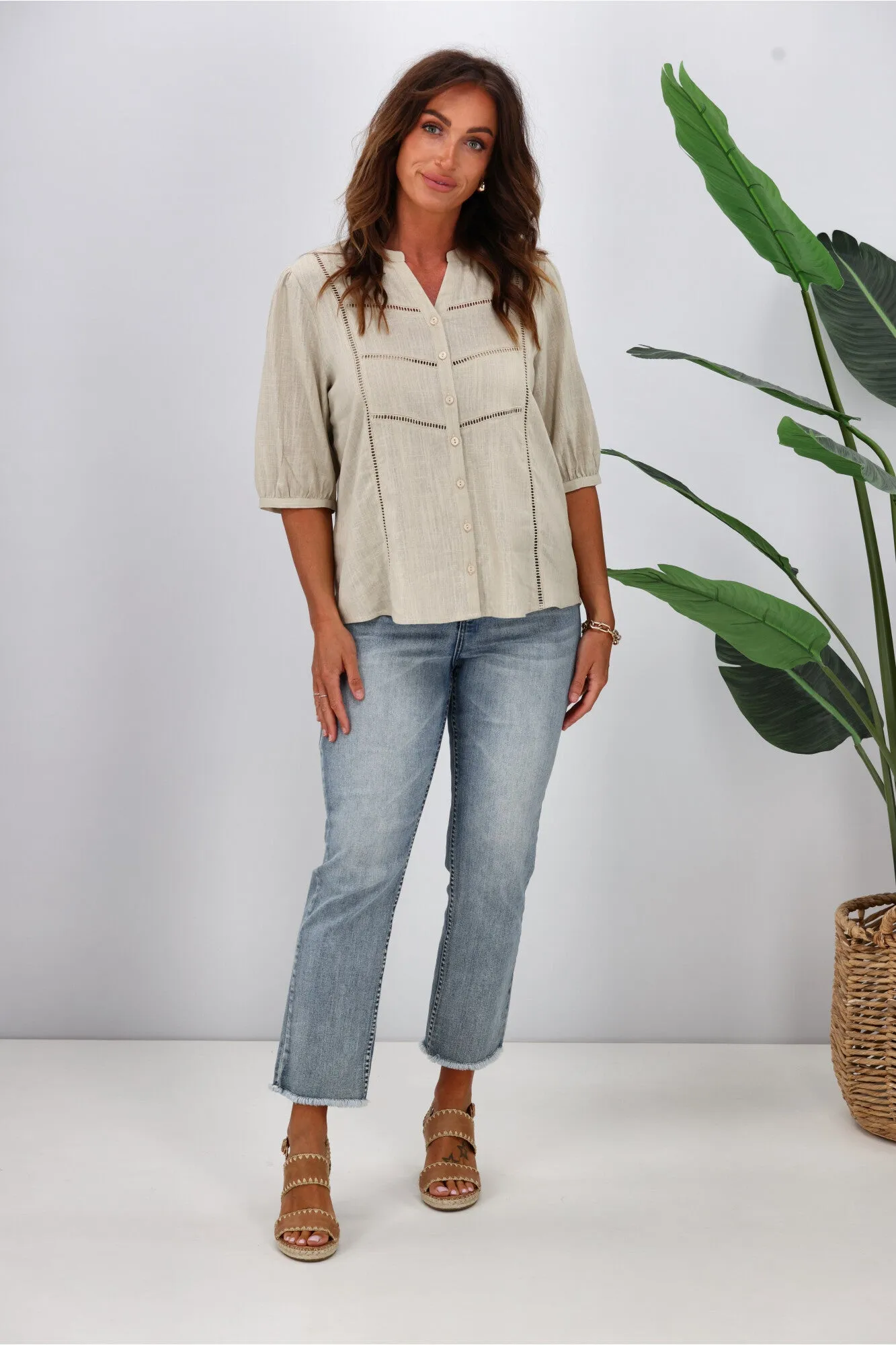Gloss by Shine On Odette Linen Look Shirt Stone