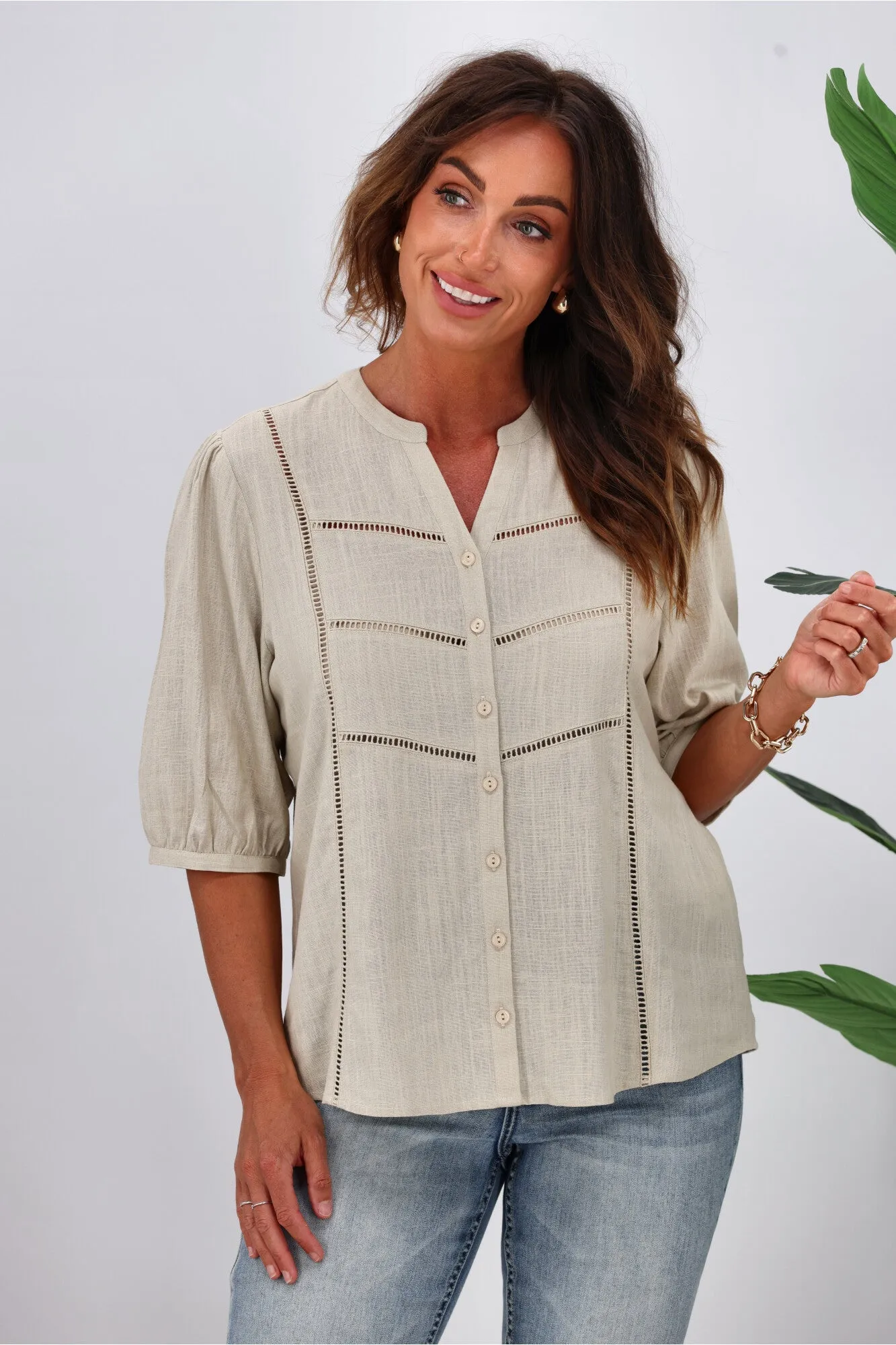 Gloss by Shine On Odette Linen Look Shirt Stone