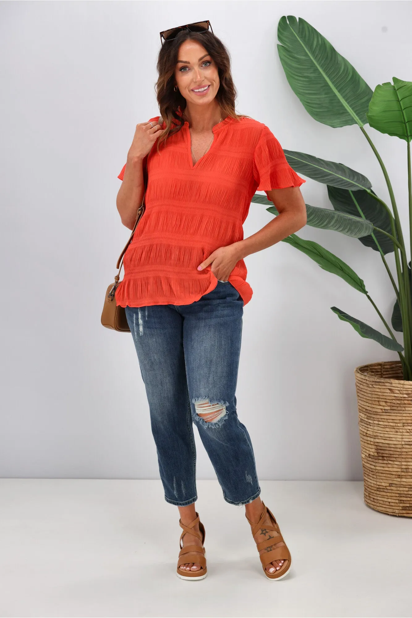Gloss by Shine On Ontario Pleated Top Coral