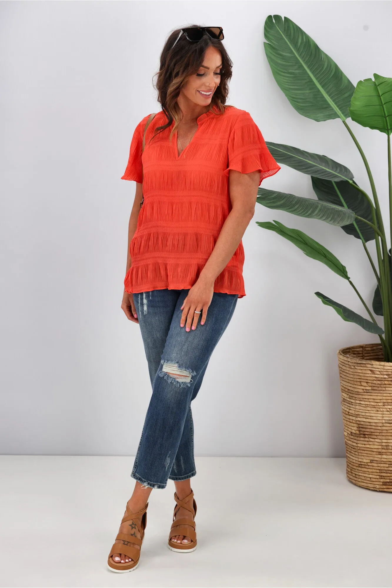 Gloss by Shine On Ontario Pleated Top Coral