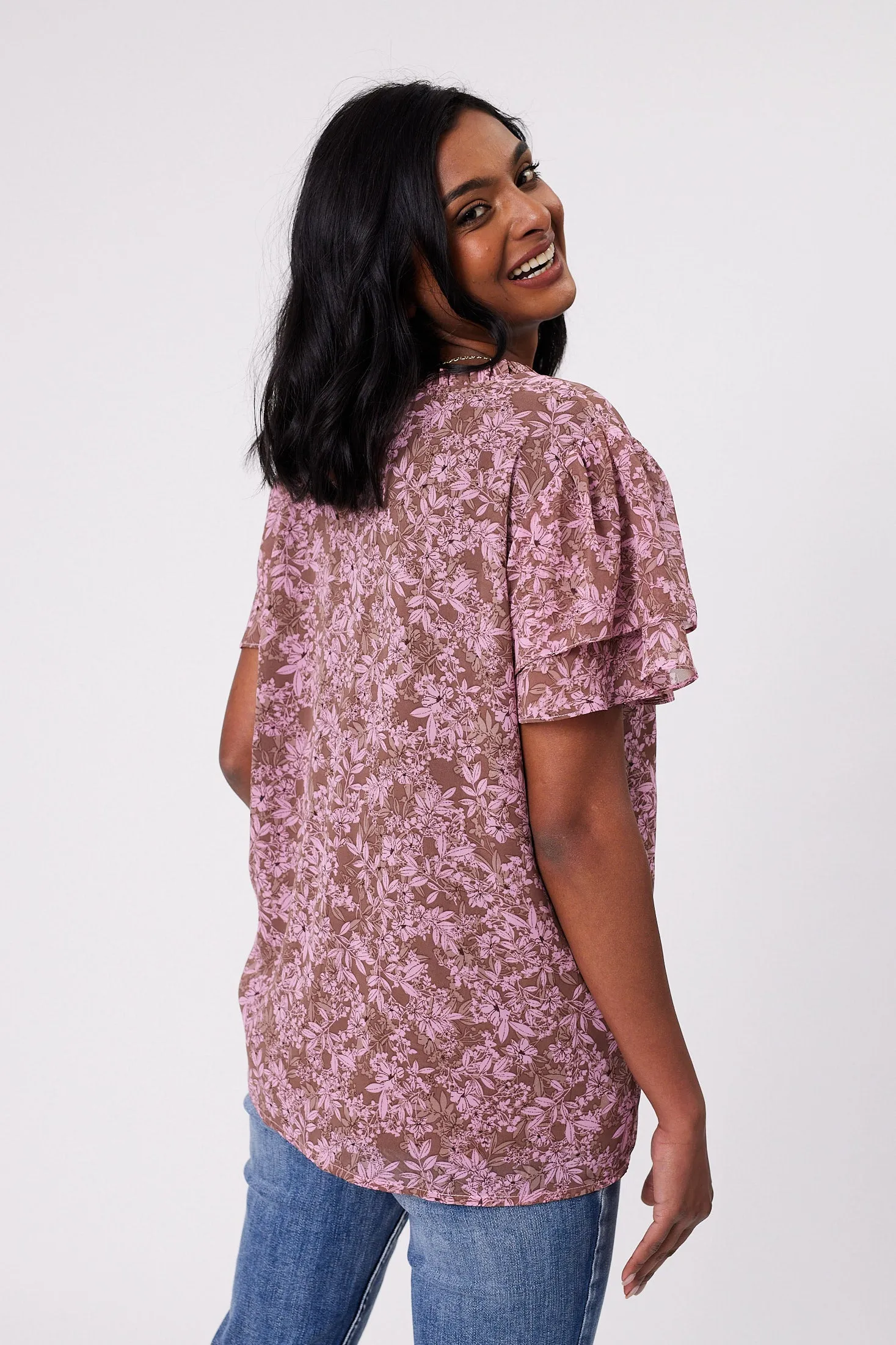 Gloss by Shine On Ruby Frill Sleeve Top Brown Pink Floral