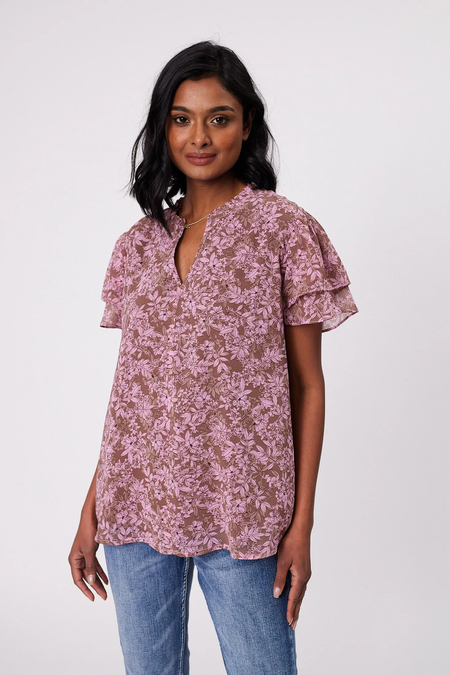Gloss by Shine On Ruby Frill Sleeve Top Brown Pink Floral