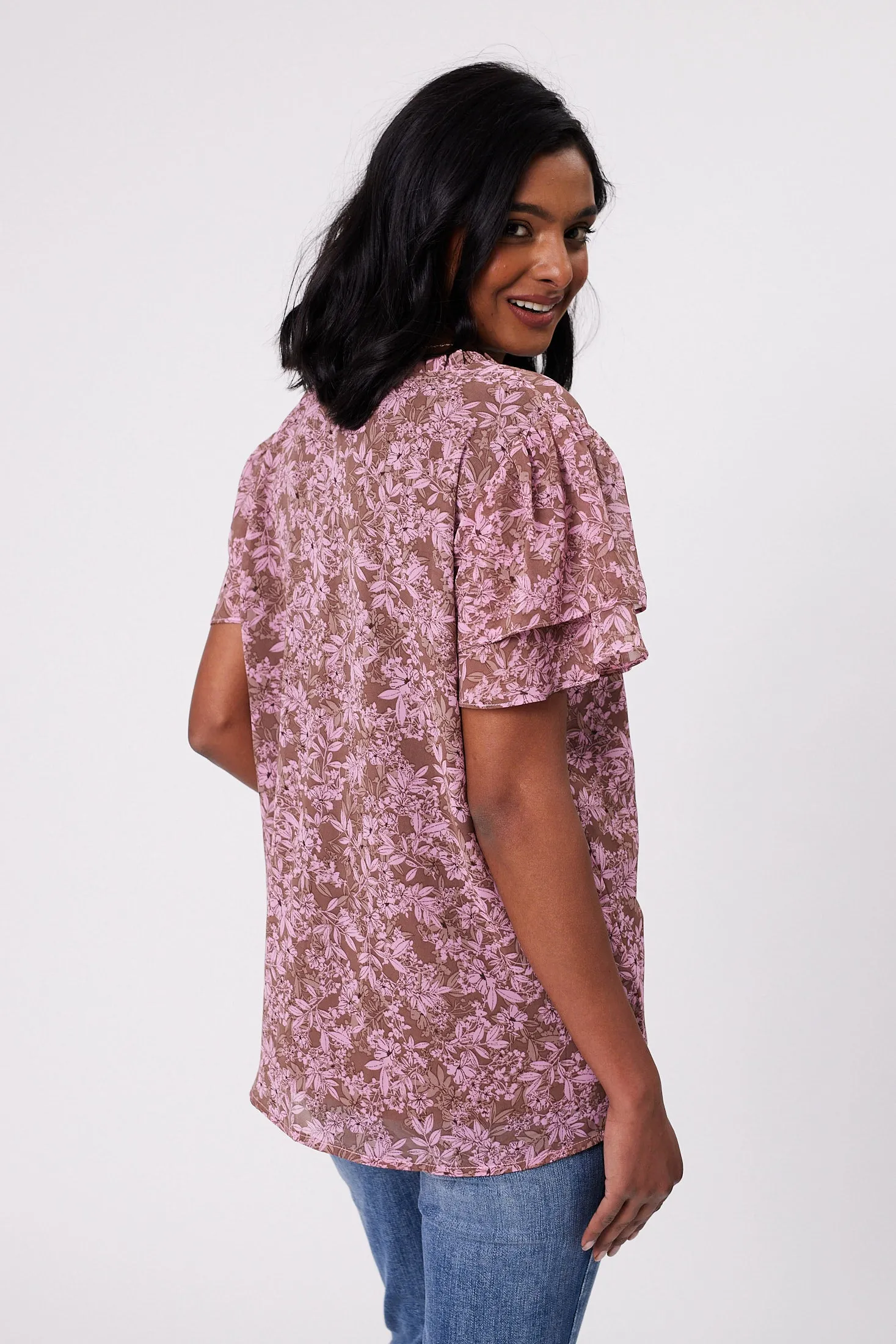 Gloss by Shine On Ruby Frill Sleeve Top Brown Pink Floral