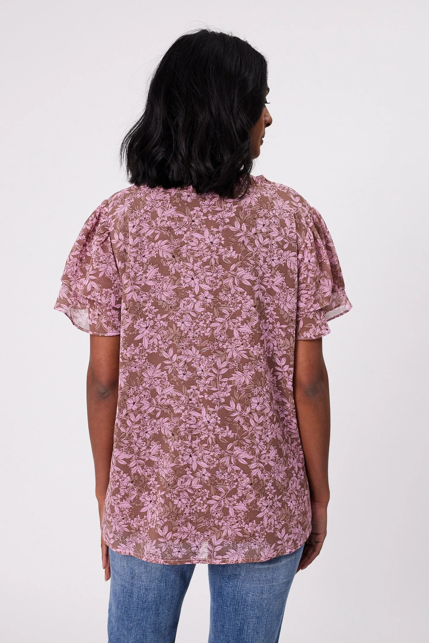 Gloss by Shine On Ruby Frill Sleeve Top Brown Pink Floral