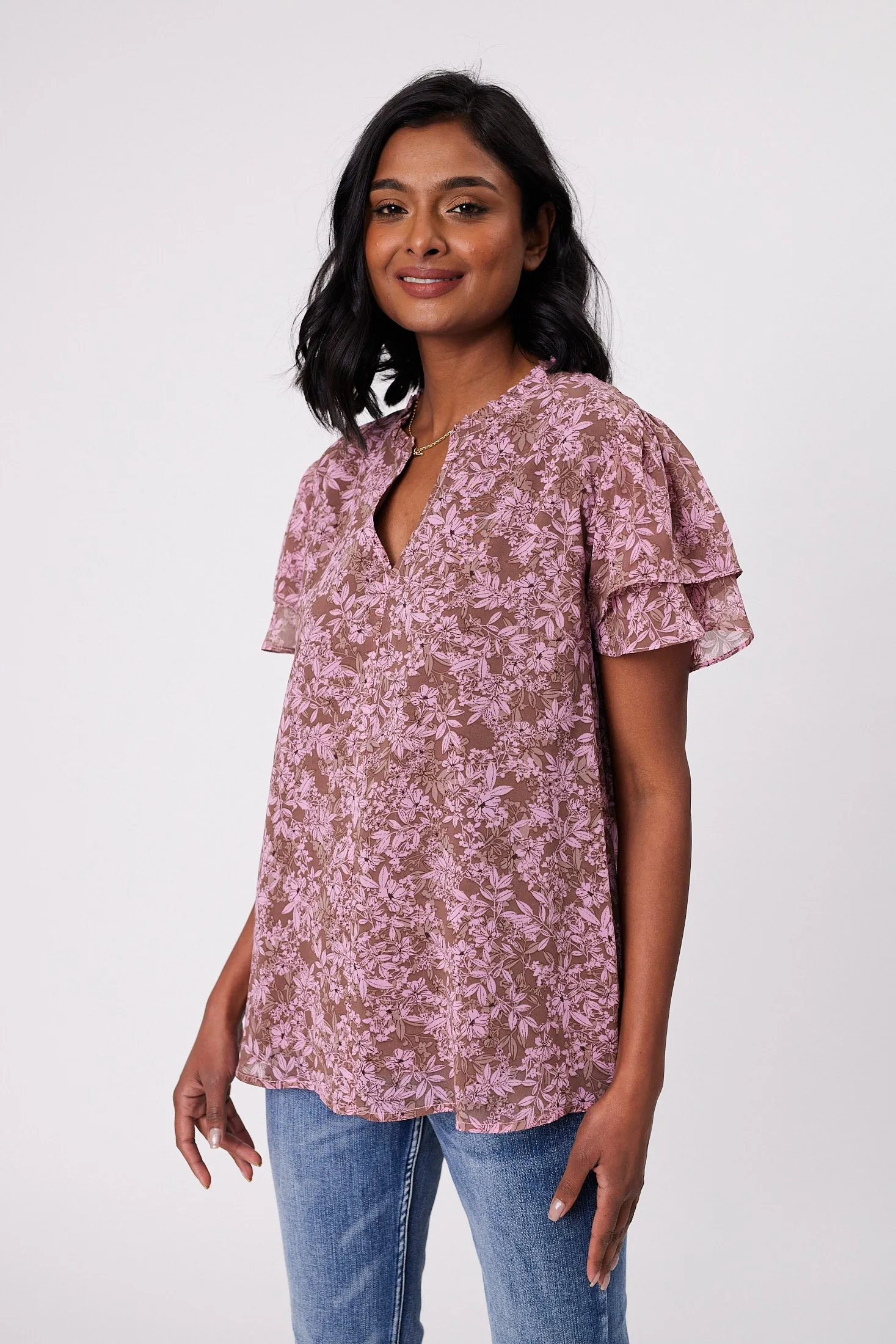 Gloss by Shine On Ruby Frill Sleeve Top Brown Pink Floral