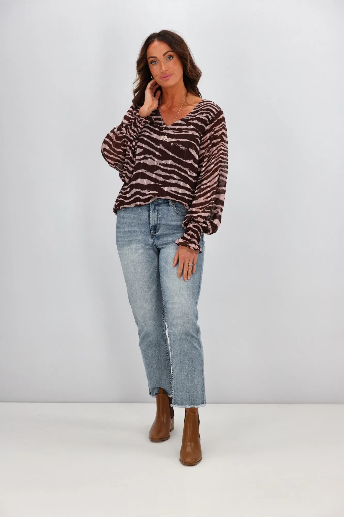 Gloss by Shine On Taneille Gathered Yoke Blouse Chocolate Pink Zebra