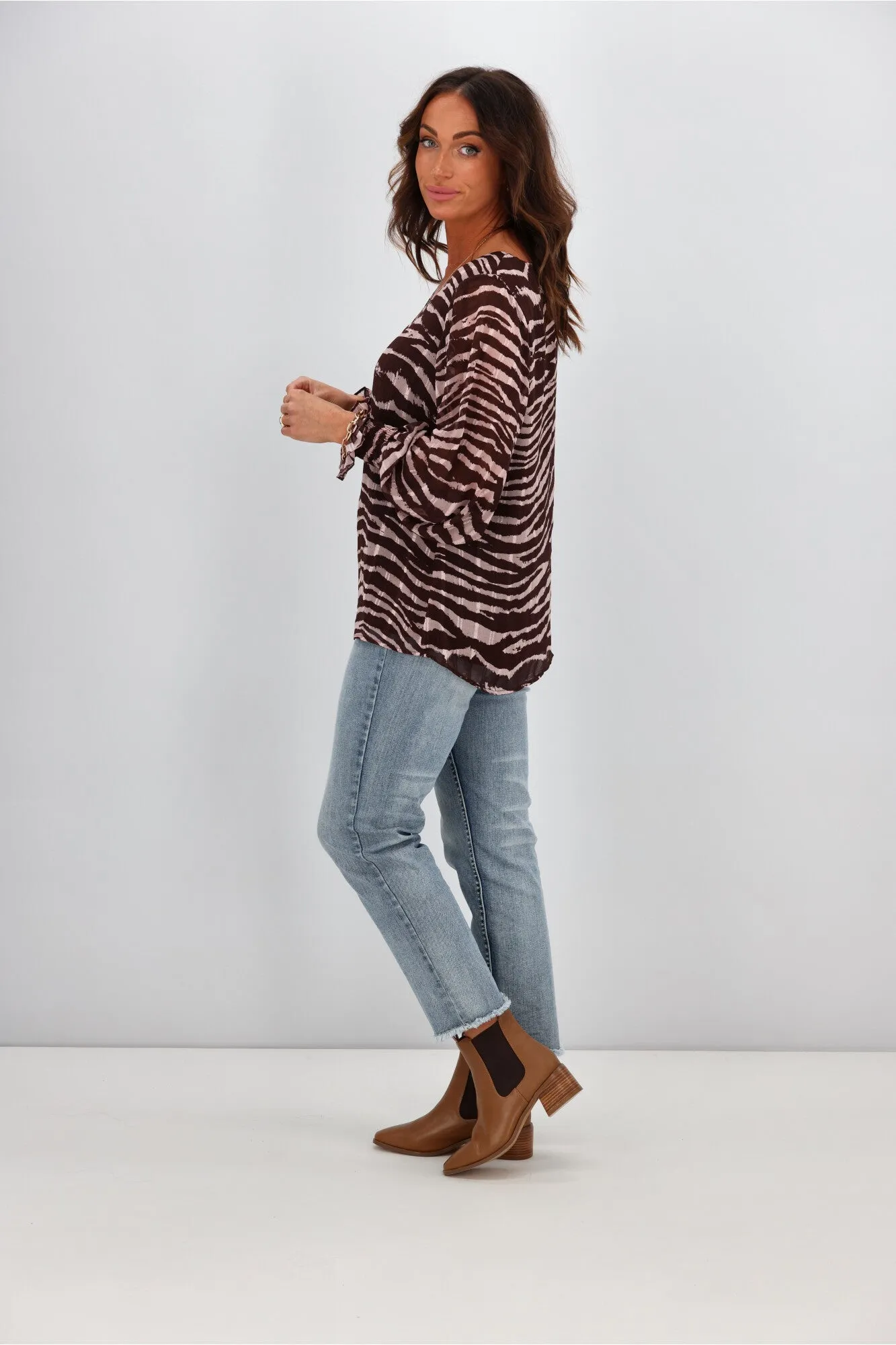 Gloss by Shine On Taneille Gathered Yoke Blouse Chocolate Pink Zebra
