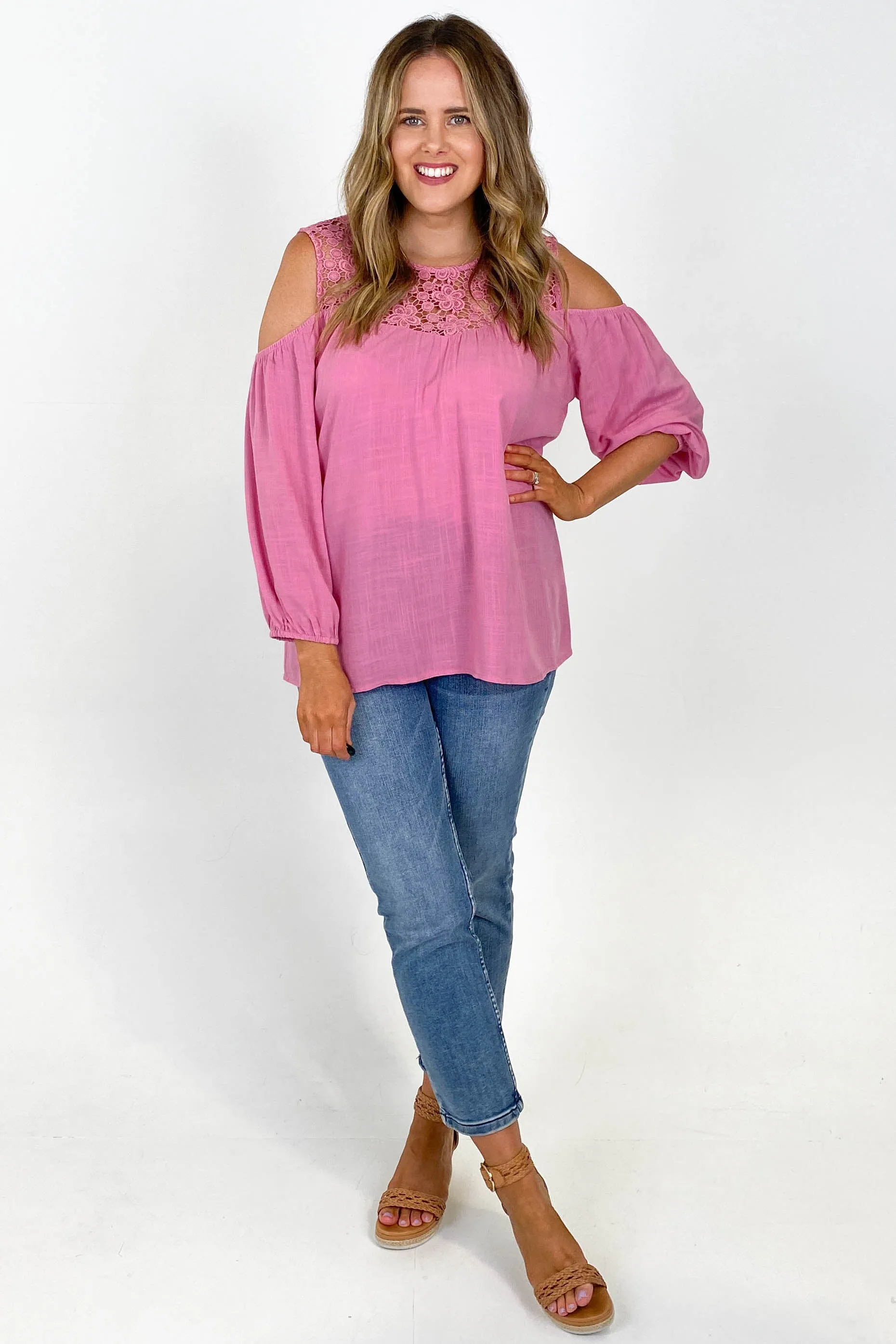 Gloss by Shine On Tayla Lace Cold Shoulder Top Pink