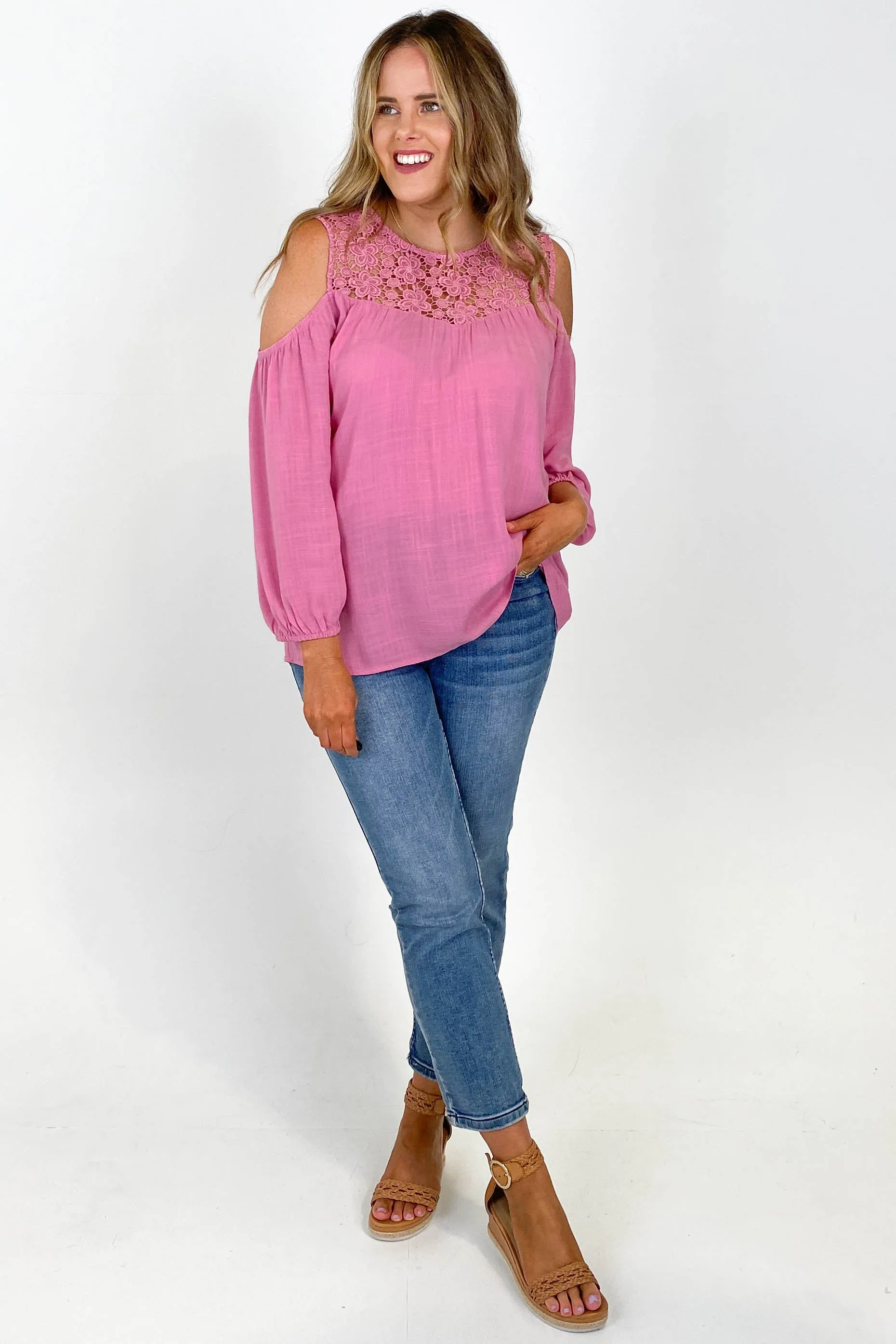 Gloss by Shine On Tayla Lace Cold Shoulder Top Pink