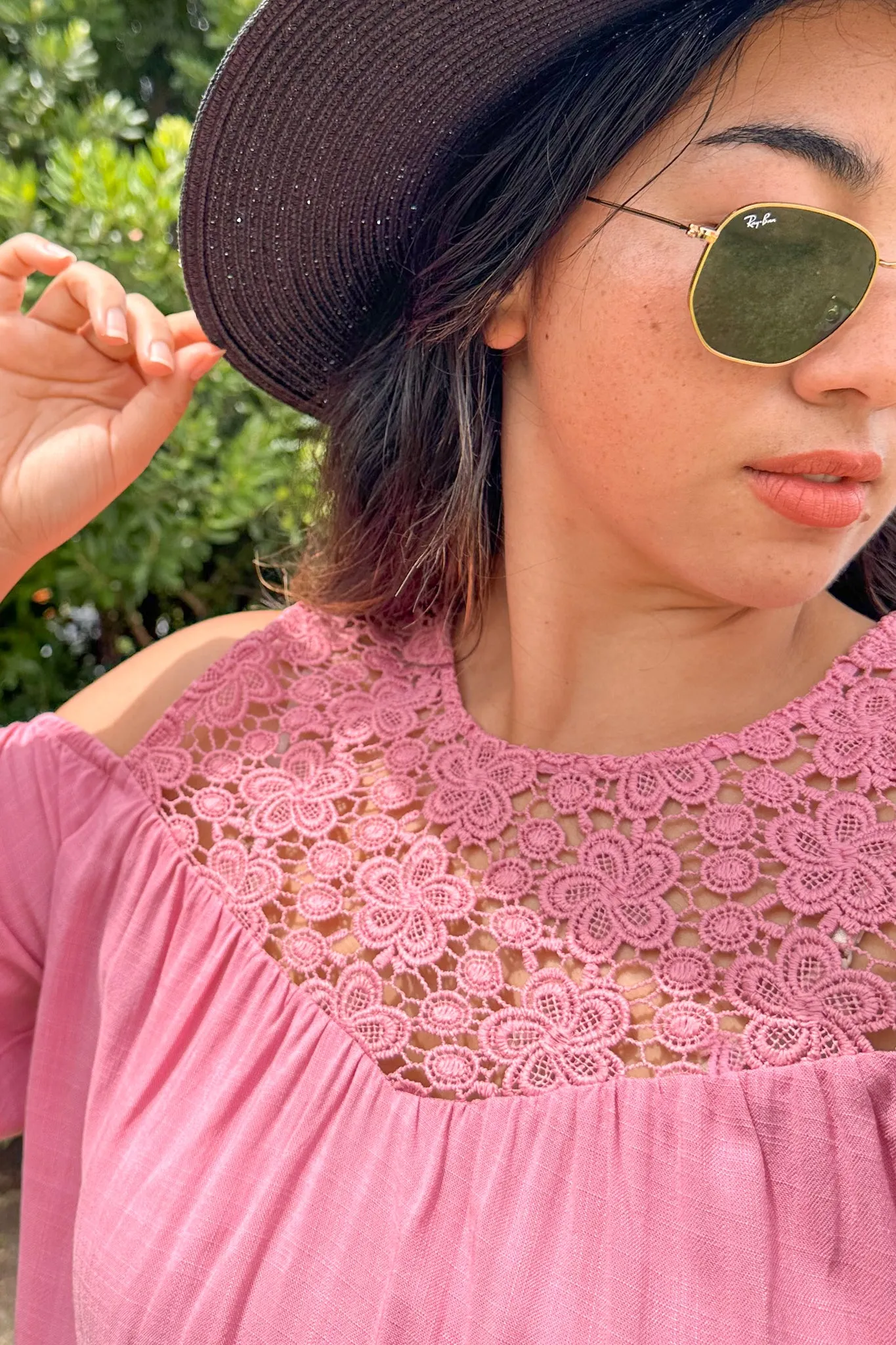 Gloss by Shine On Tayla Lace Cold Shoulder Top Pink