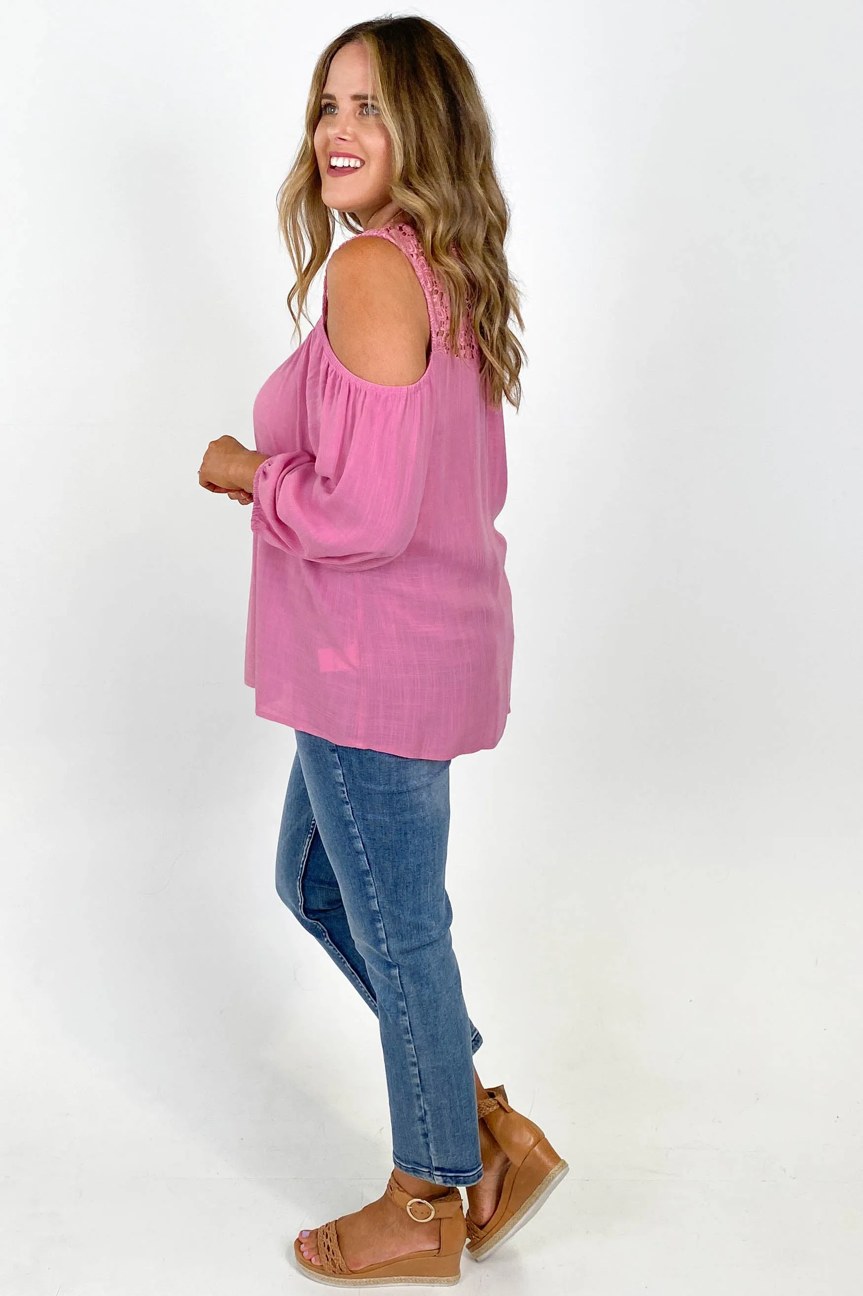 Gloss by Shine On Tayla Lace Cold Shoulder Top Pink