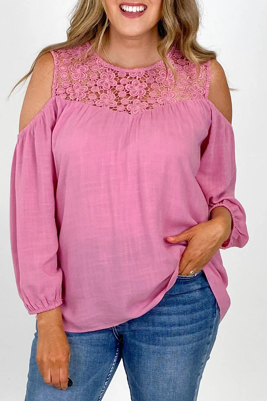 Gloss by Shine On Tayla Lace Cold Shoulder Top Pink