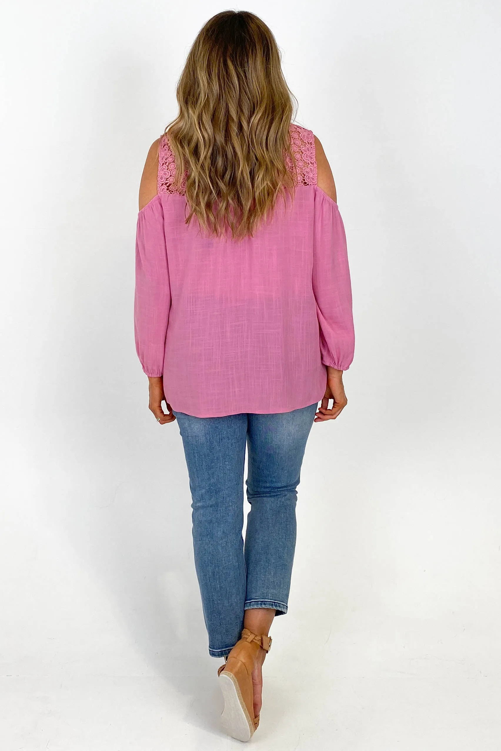 Gloss by Shine On Tayla Lace Cold Shoulder Top Pink