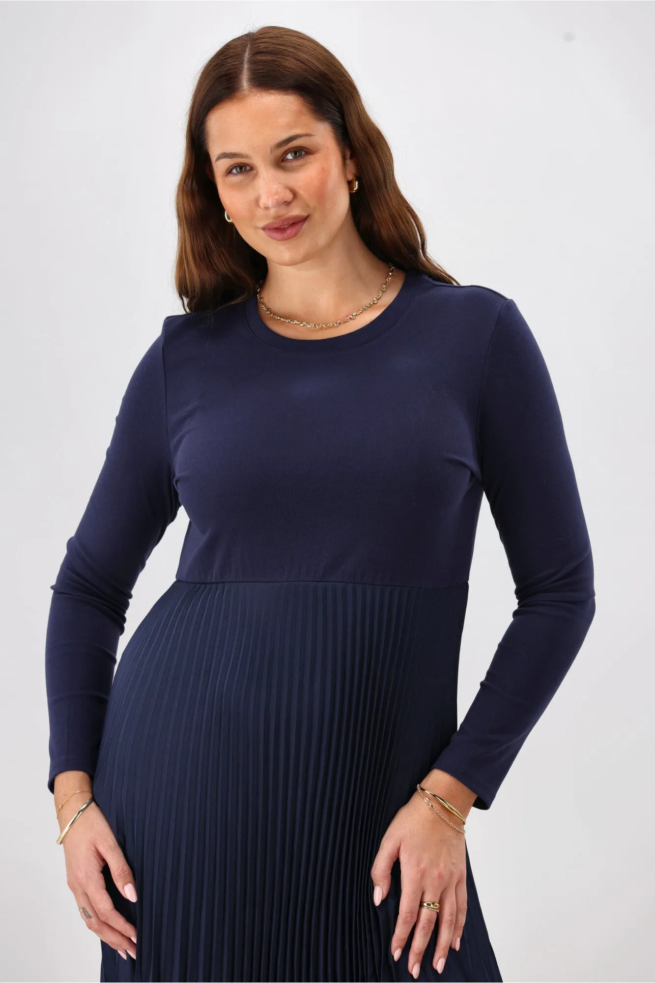 Gloss by Shine On Vester Knit Dress with Woven Pleat Skirt Midnight