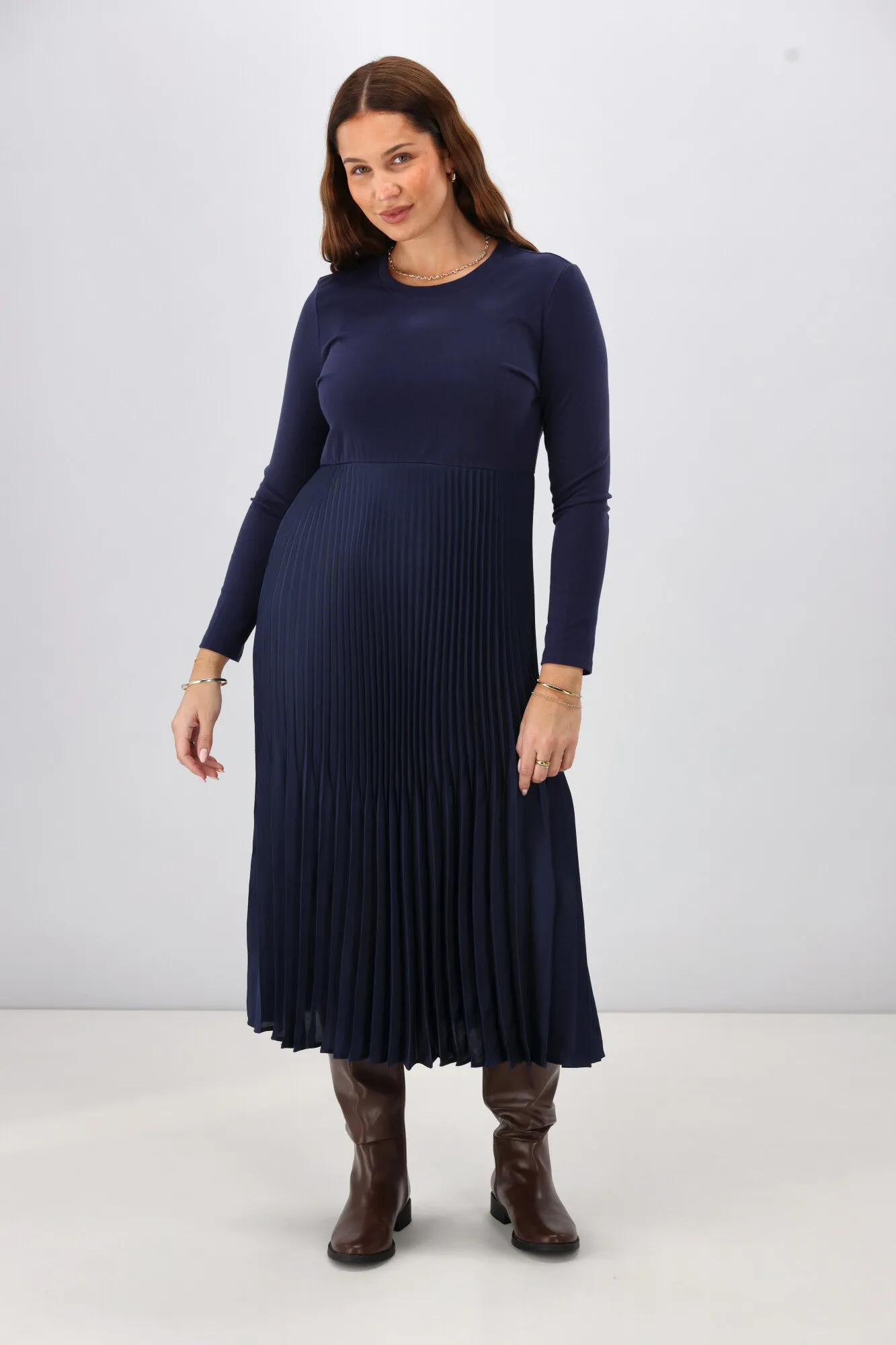 Gloss by Shine On Vester Knit Dress with Woven Pleat Skirt Midnight