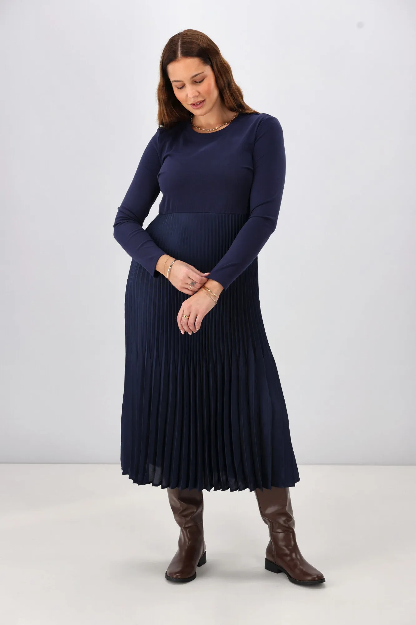 Gloss by Shine On Vester Knit Dress with Woven Pleat Skirt Midnight