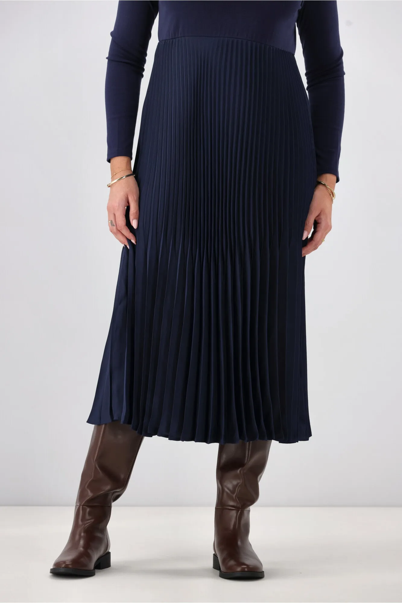 Gloss by Shine On Vester Knit Dress with Woven Pleat Skirt Midnight