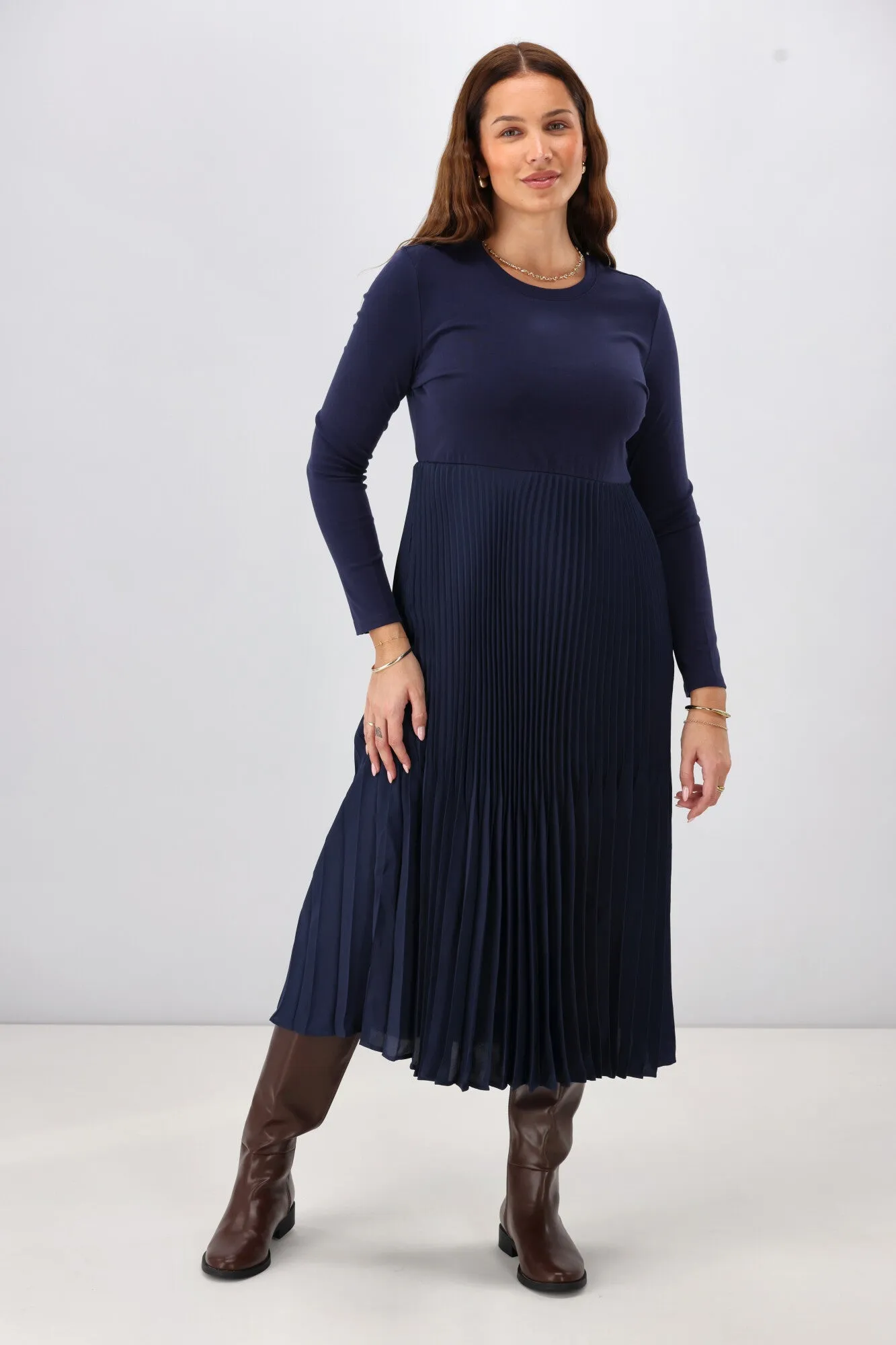 Gloss by Shine On Vester Knit Dress with Woven Pleat Skirt Midnight