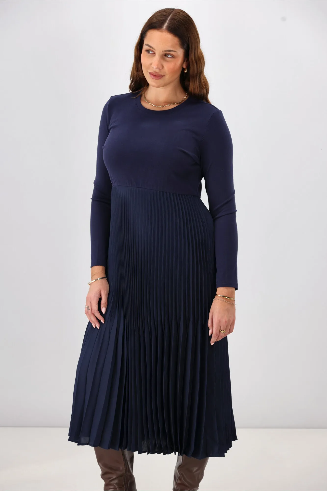 Gloss by Shine On Vester Knit Dress with Woven Pleat Skirt Midnight