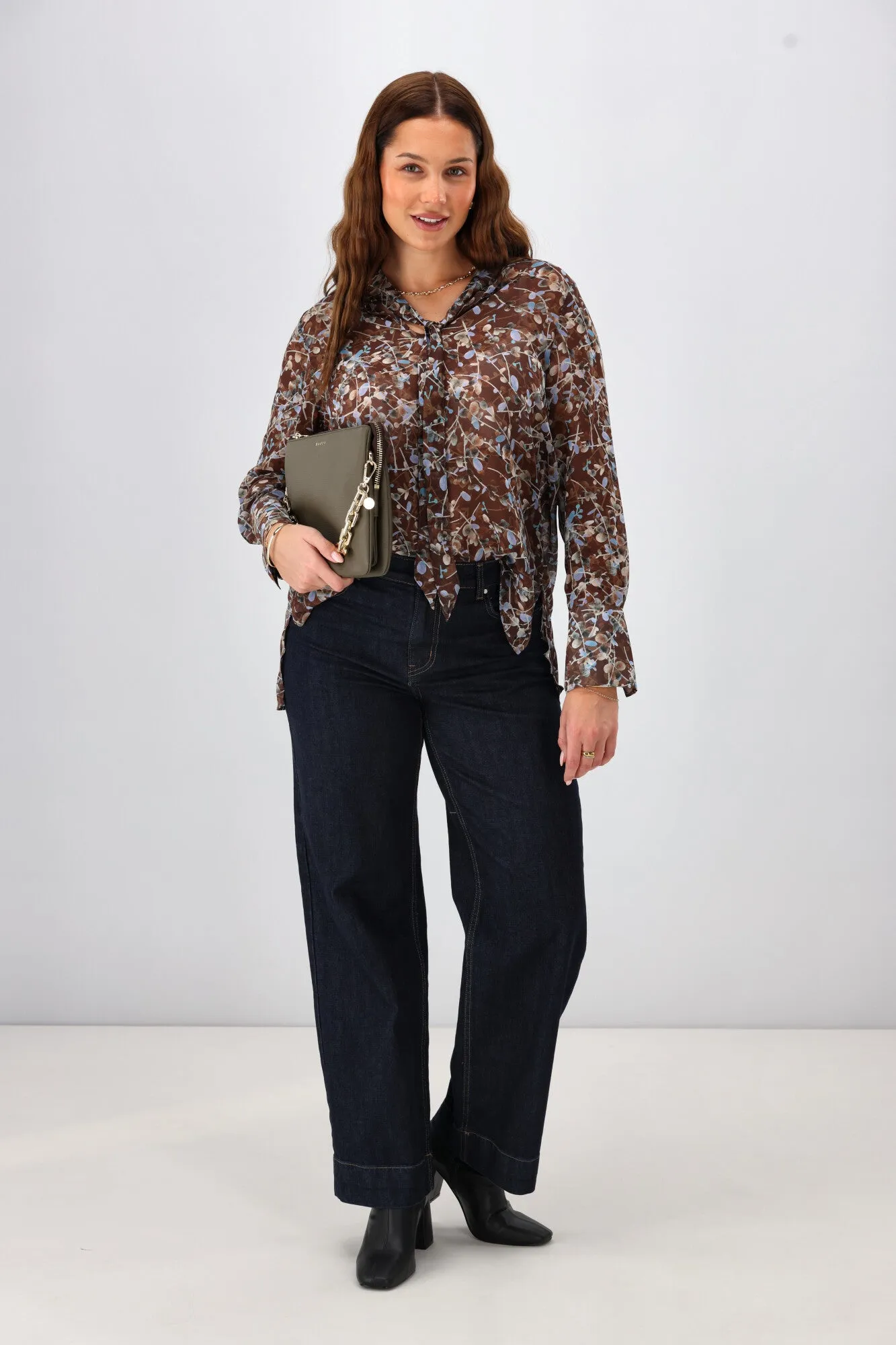 Gloss the Label Cecelia Chiffon Neck Tie Blouse Chocolate Floral Print
