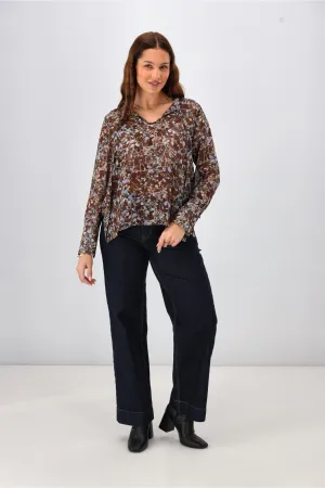 Gloss the Label Cecelia Chiffon Neck Tie Blouse Chocolate Floral Print