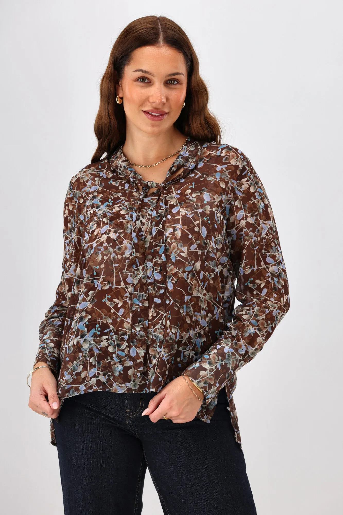Gloss the Label Cecelia Chiffon Neck Tie Blouse Chocolate Floral Print