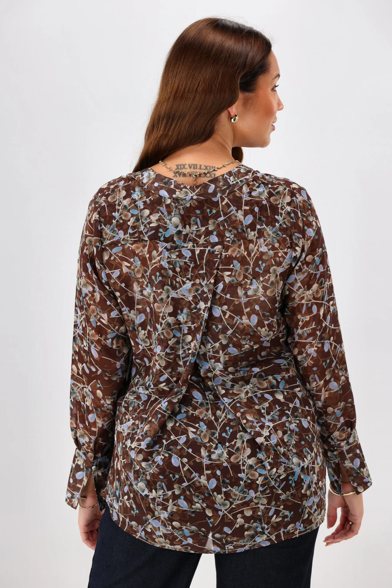 Gloss the Label Cecelia Chiffon Neck Tie Blouse Chocolate Floral Print