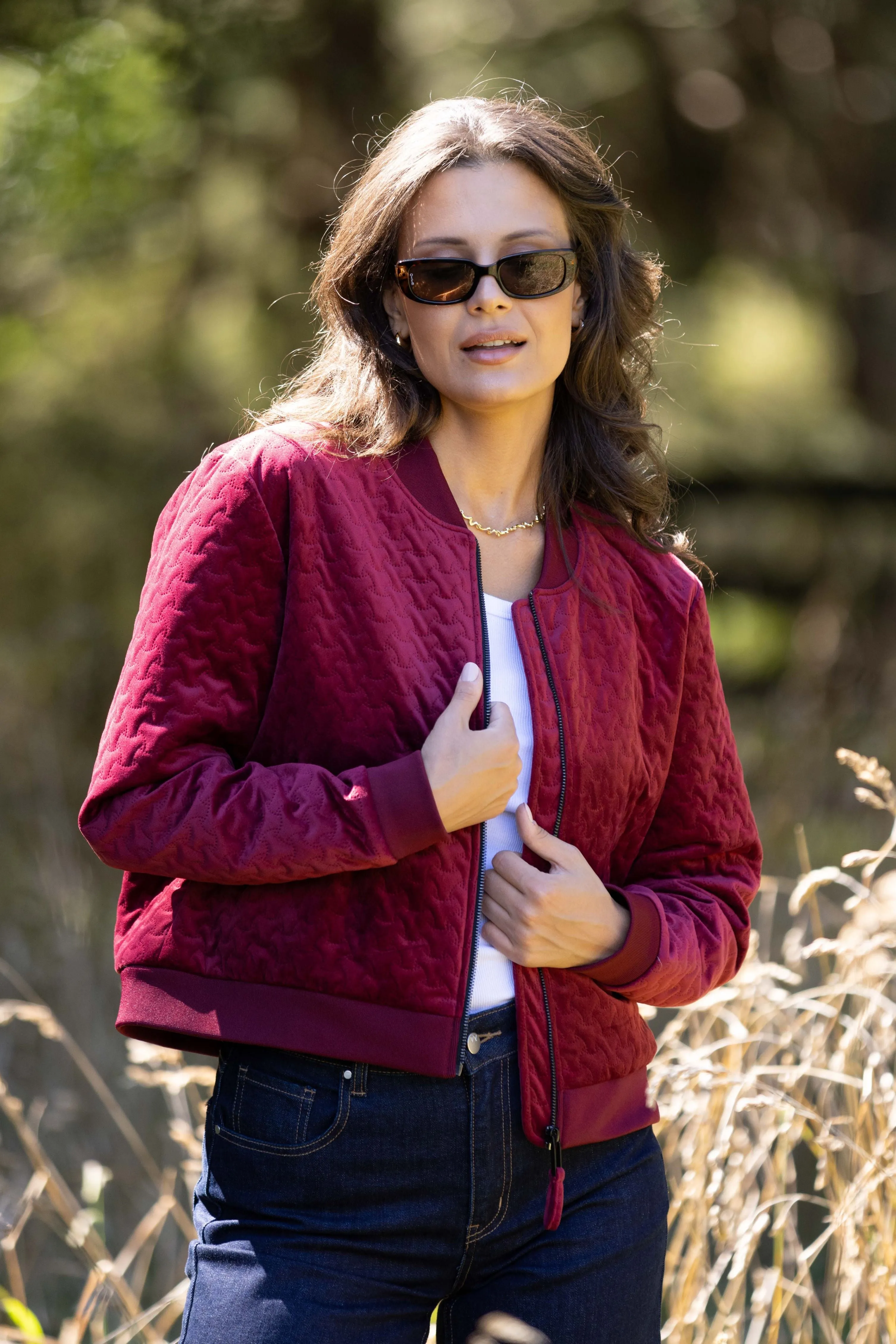 Gloss the Label James Quilted Velvet Bomber Jacket Deep Rose