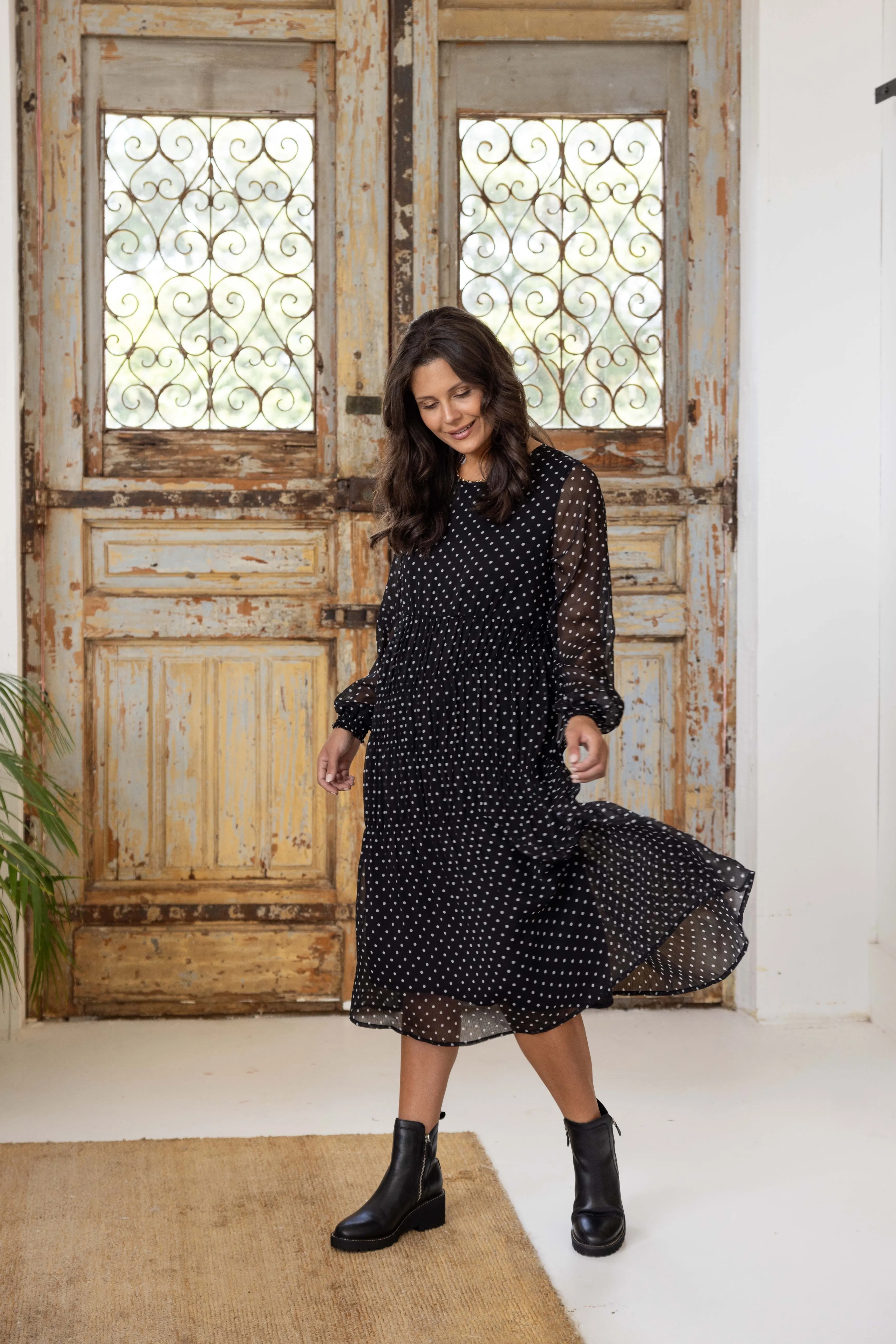 Gloss the Label Mariella Shirred Detail Dress Black Polka Dot