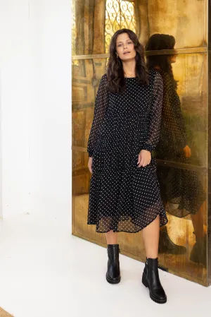 Gloss the Label Mariella Shirred Detail Dress Black Polka Dot