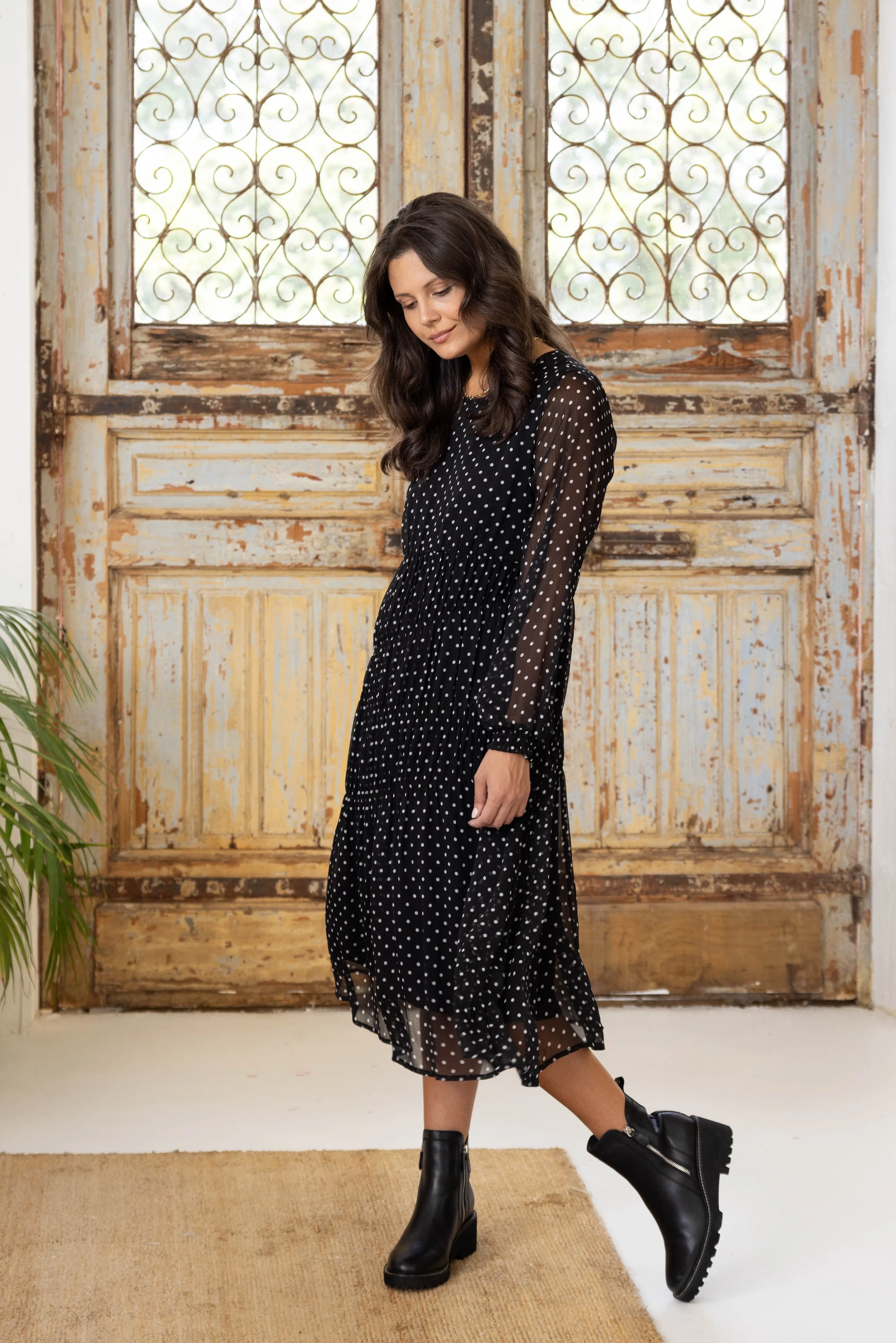 Gloss the Label Mariella Shirred Detail Dress Black Polka Dot