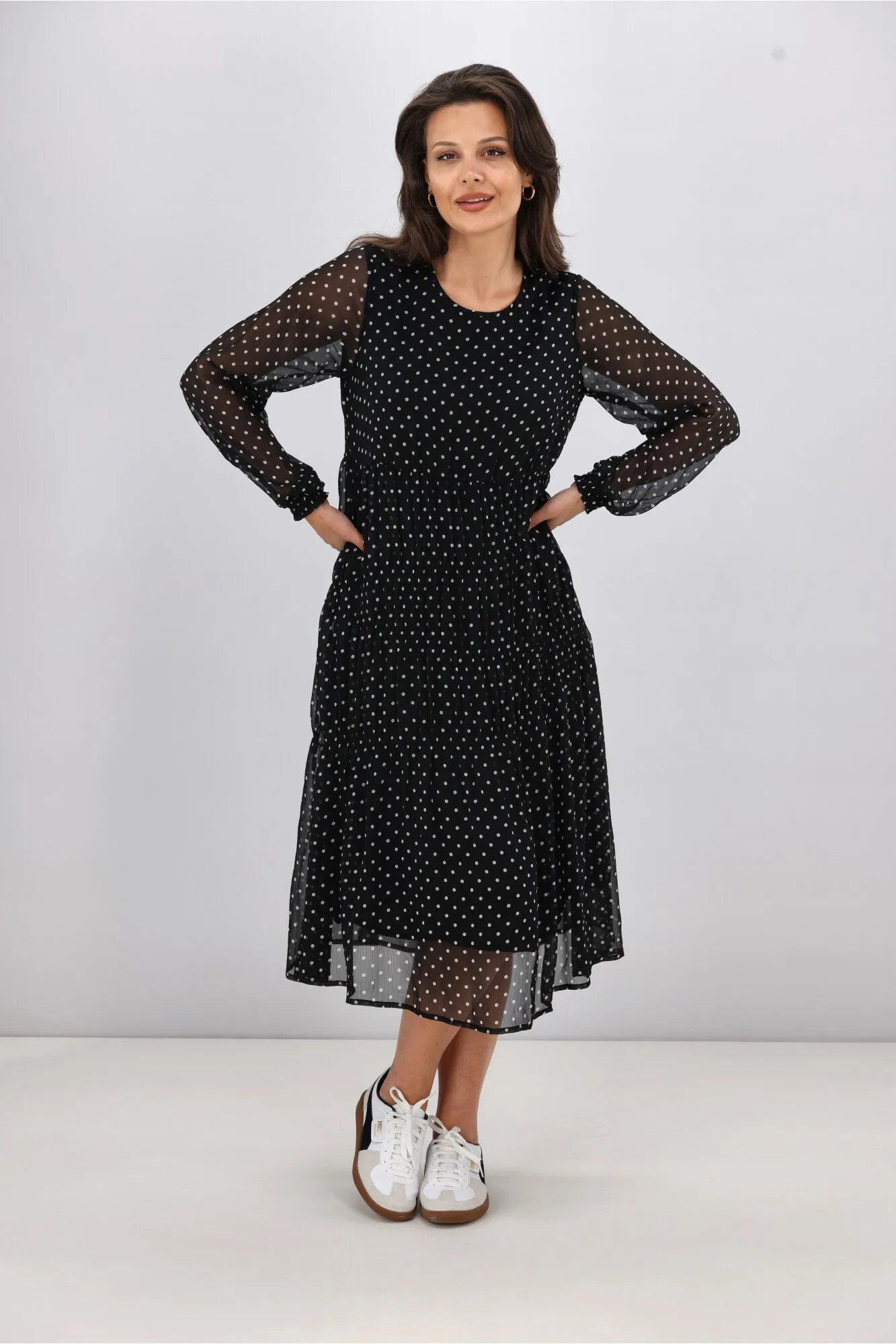 Gloss the Label Mariella Shirred Detail Dress Black Polka Dot
