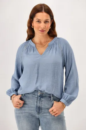 Gloss The Label Timiana Lace Trim Top Fabric Blue