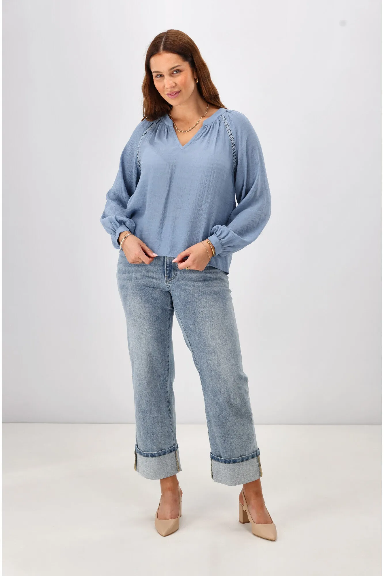 Gloss The Label Timiana Lace Trim Top Fabric Blue