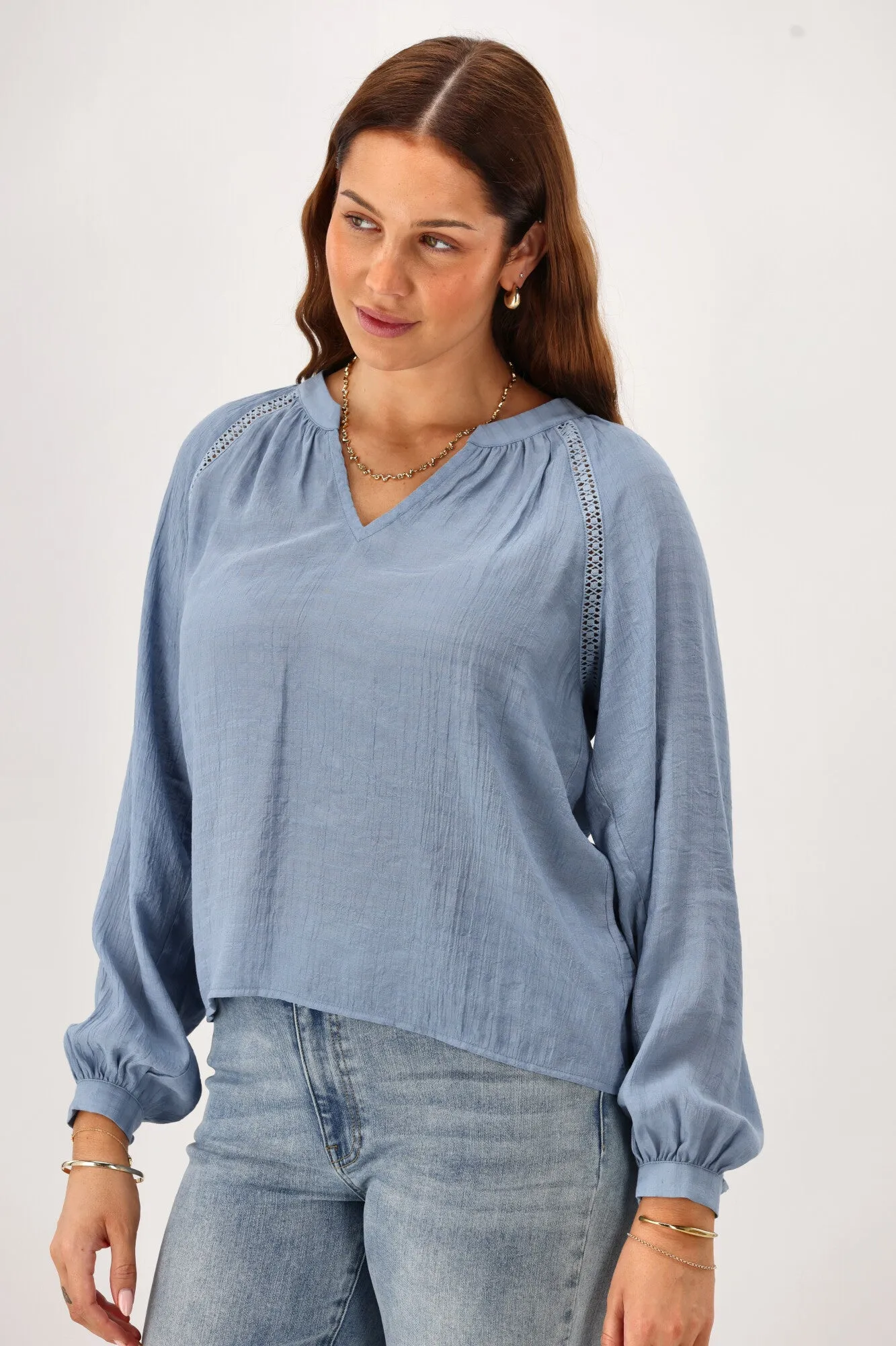Gloss The Label Timiana Lace Trim Top Fabric Blue