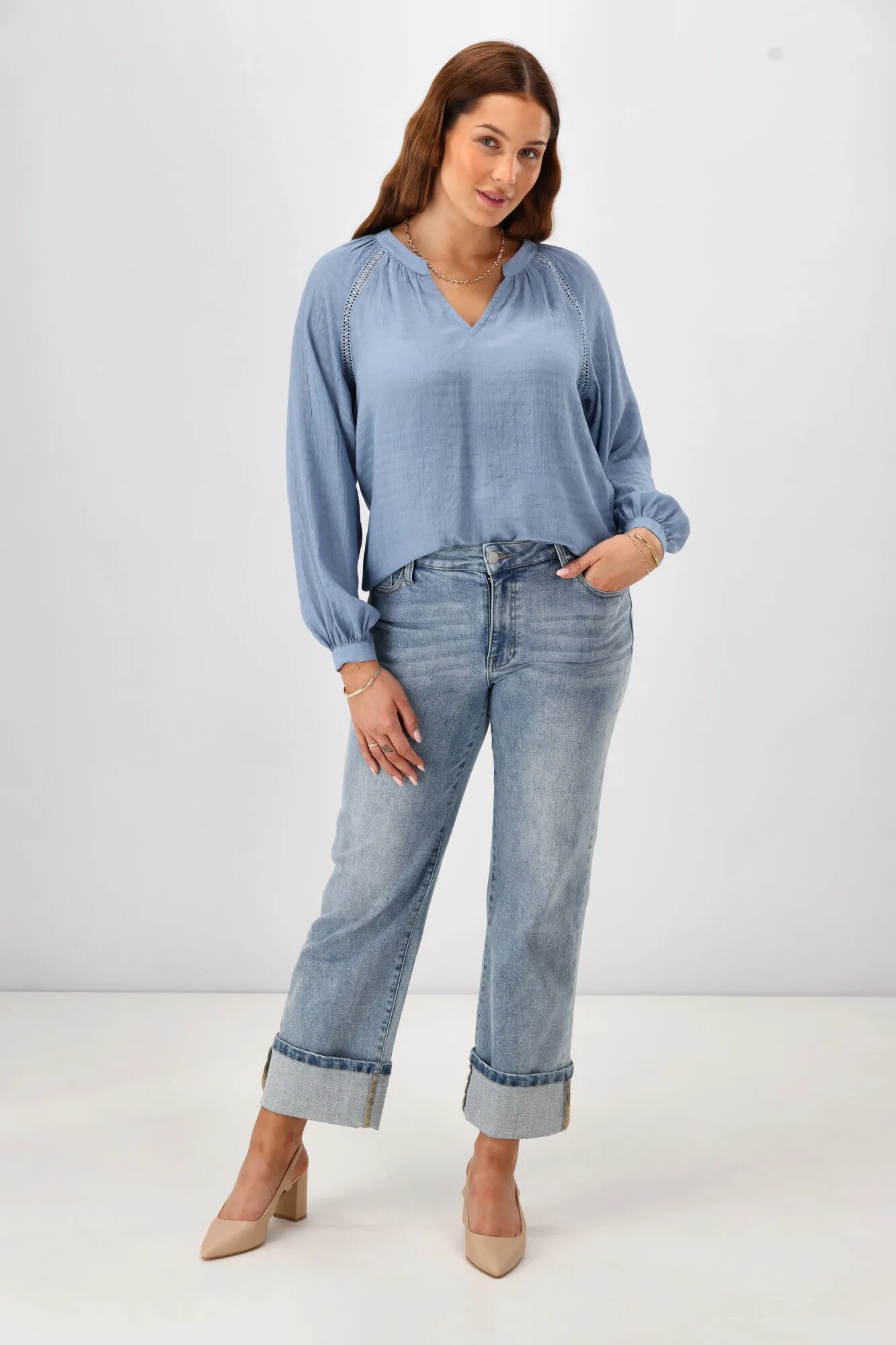 Gloss The Label Timiana Lace Trim Top Fabric Blue