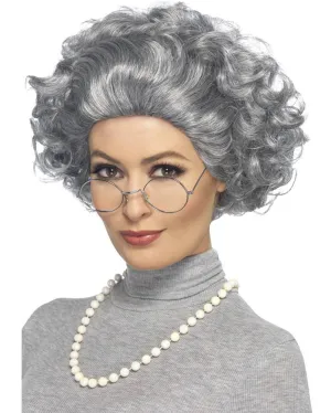 Granny Short Curly Grey Wig Necklace and Glasses Kit