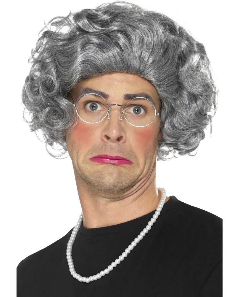 Granny Short Curly Grey Wig Necklace and Glasses Kit