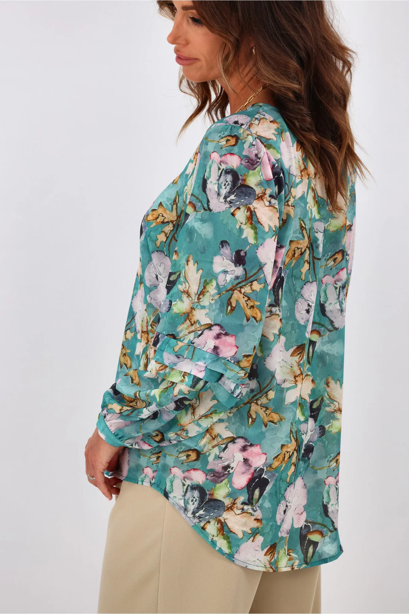 Jane James Cilla Tuck Sleeve Blouse Teal Floral
