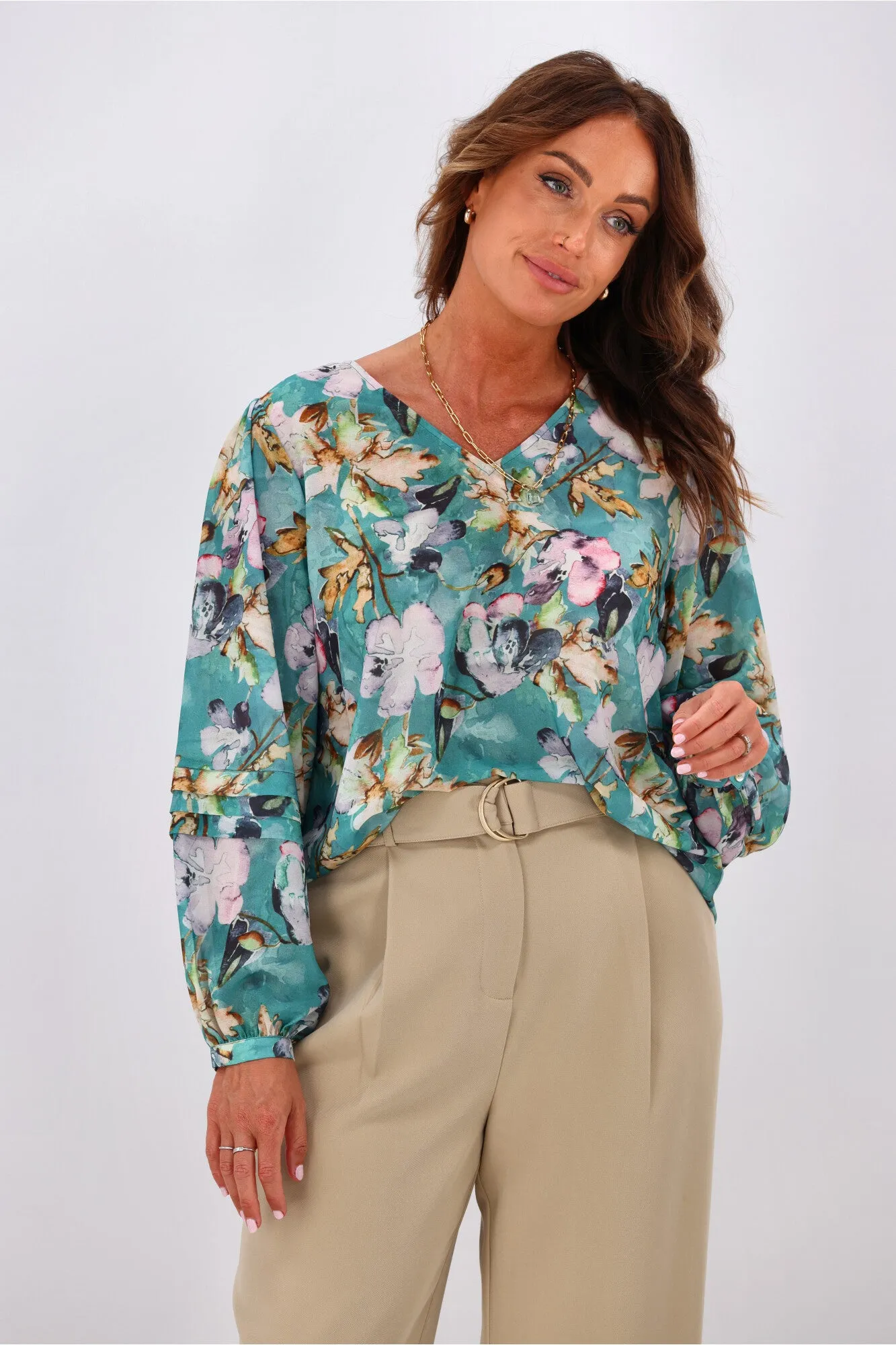 Jane James Cilla Tuck Sleeve Blouse Teal Floral