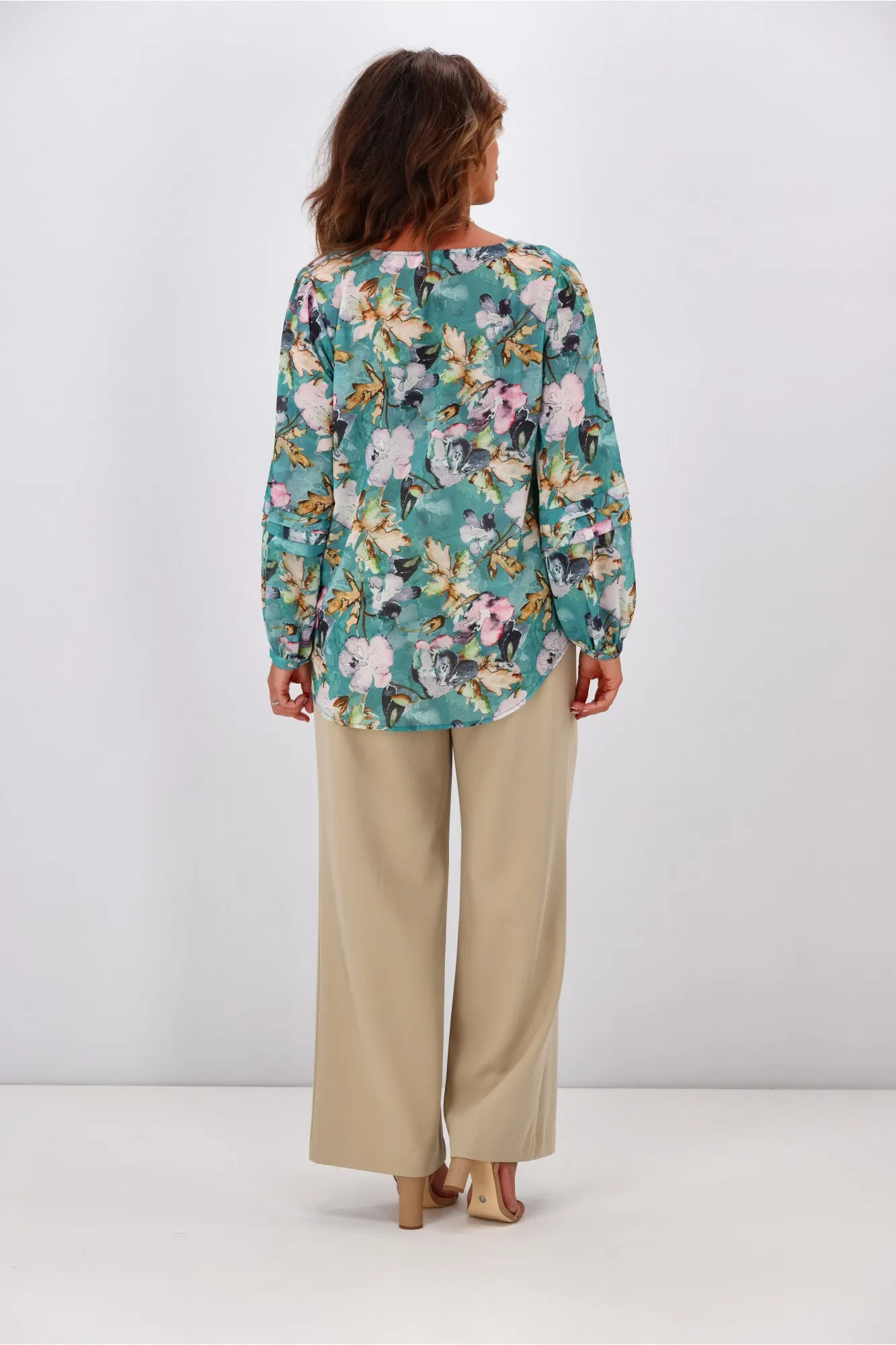 Jane James Cilla Tuck Sleeve Blouse Teal Floral