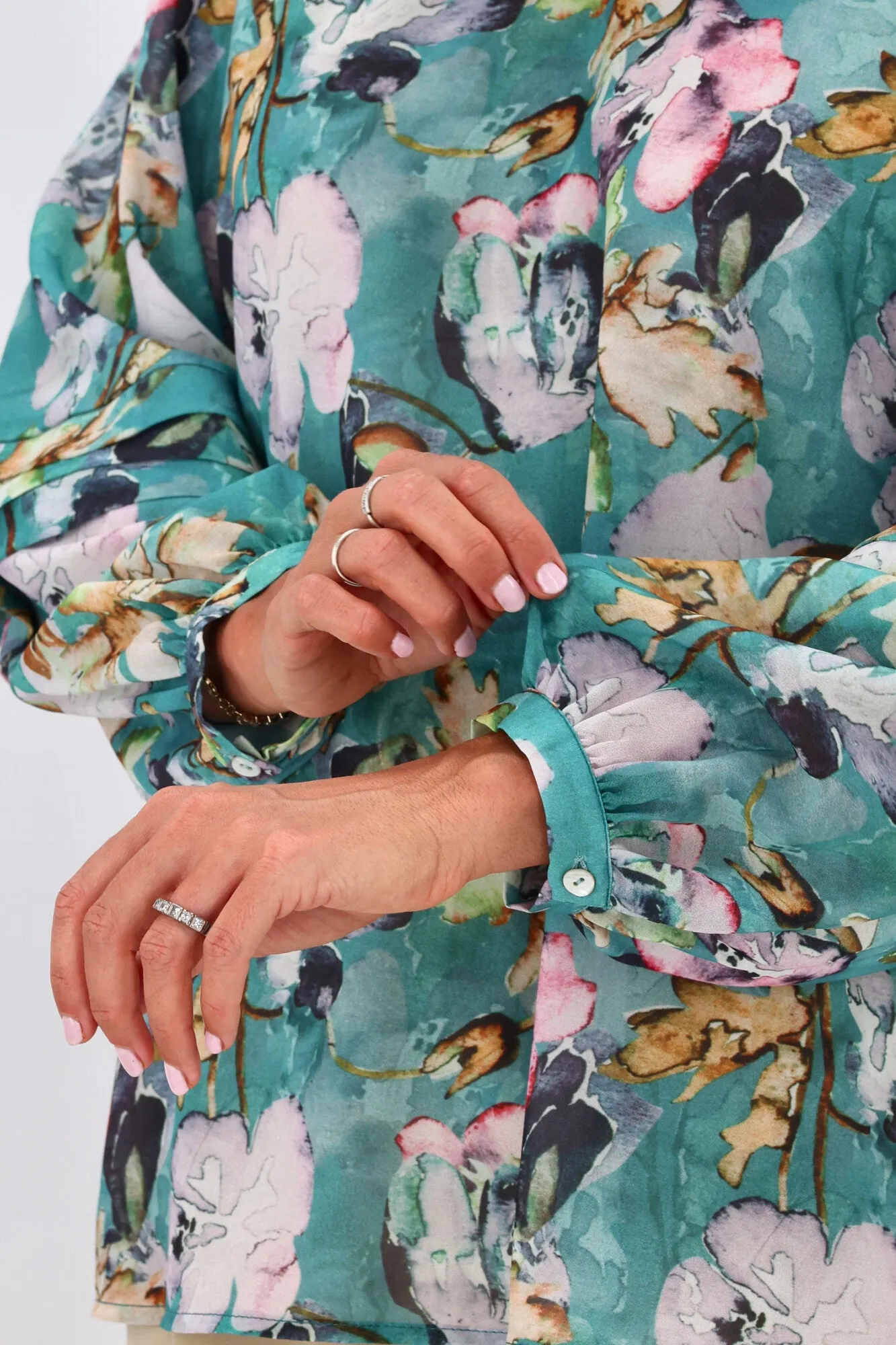 Jane James Cilla Tuck Sleeve Blouse Teal Floral