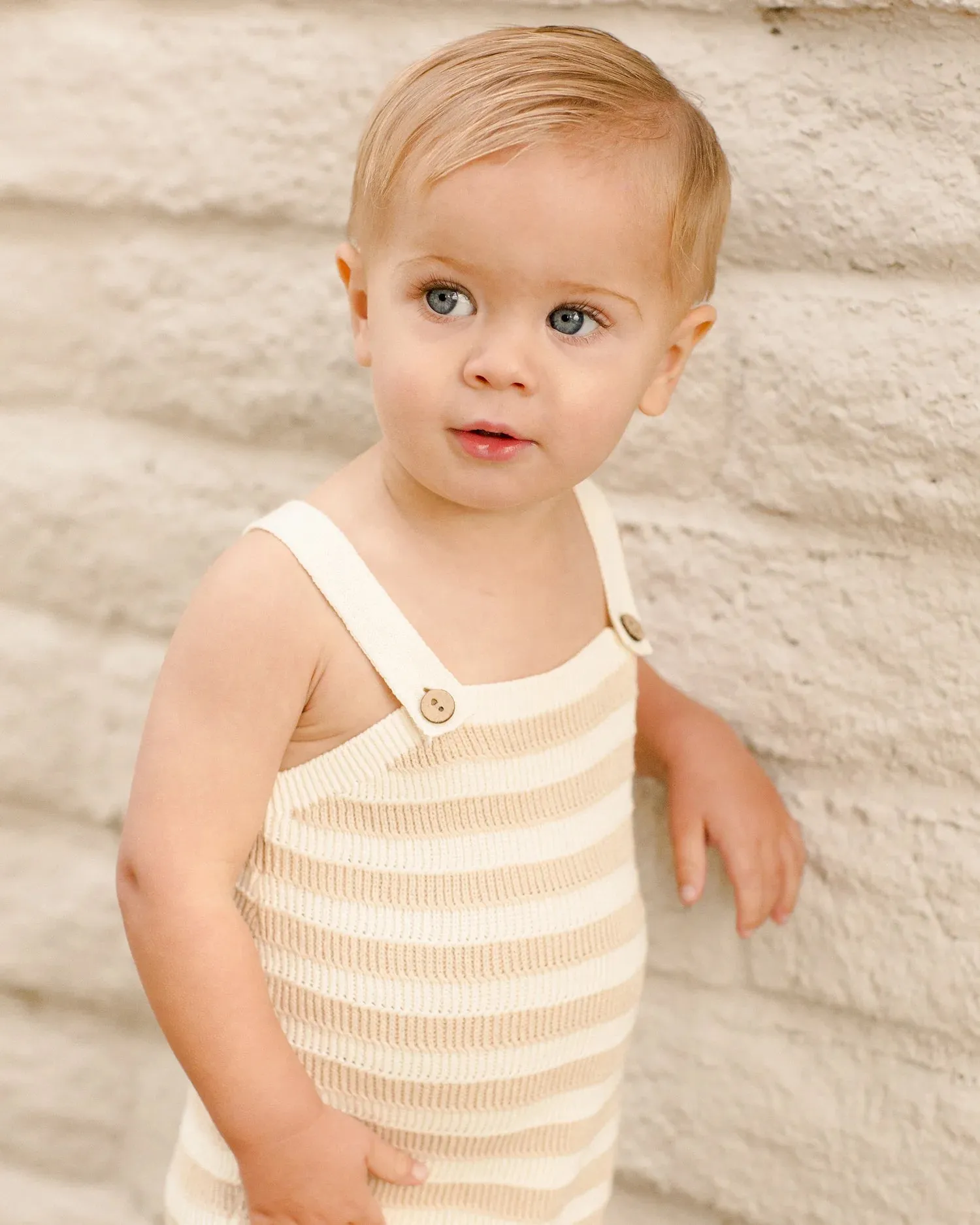 knit baby romper || sand stripe