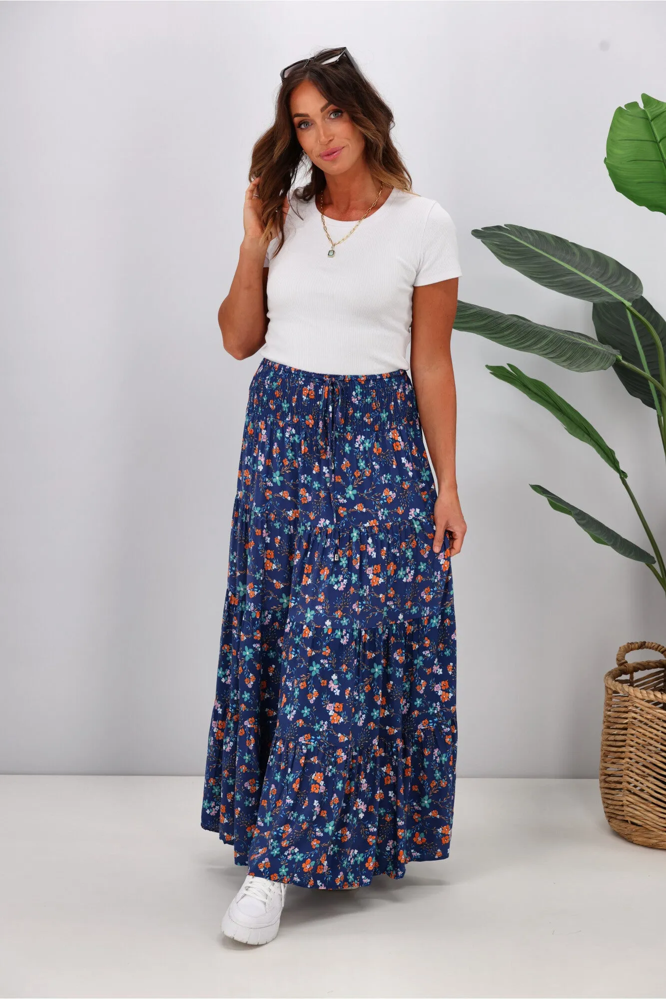 New U Collection Ditsy Floral Blue Maxi Skirt